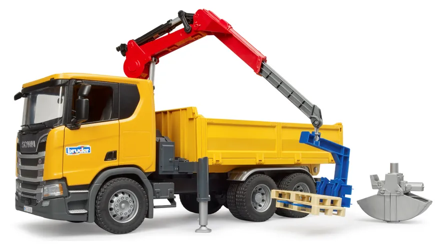 BRUDER - Scania Super 560R Baustellen-LKW mit Kran und 2 Paletten