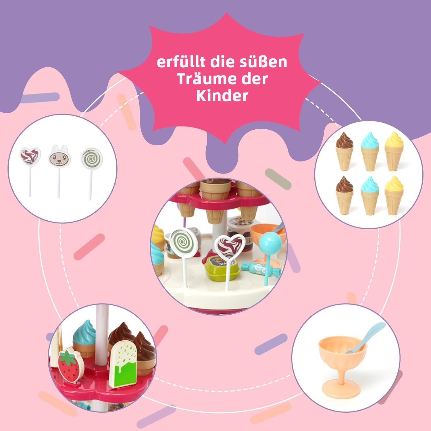 Wenta Lernspielzeug Kinder Eiswagen-Spielset (36-St., Eiscreme Verkaufsstand für Kinder ab 3 Jahren), Eisdiele Rollenspiel, Einkaufswagen & Eisladen
