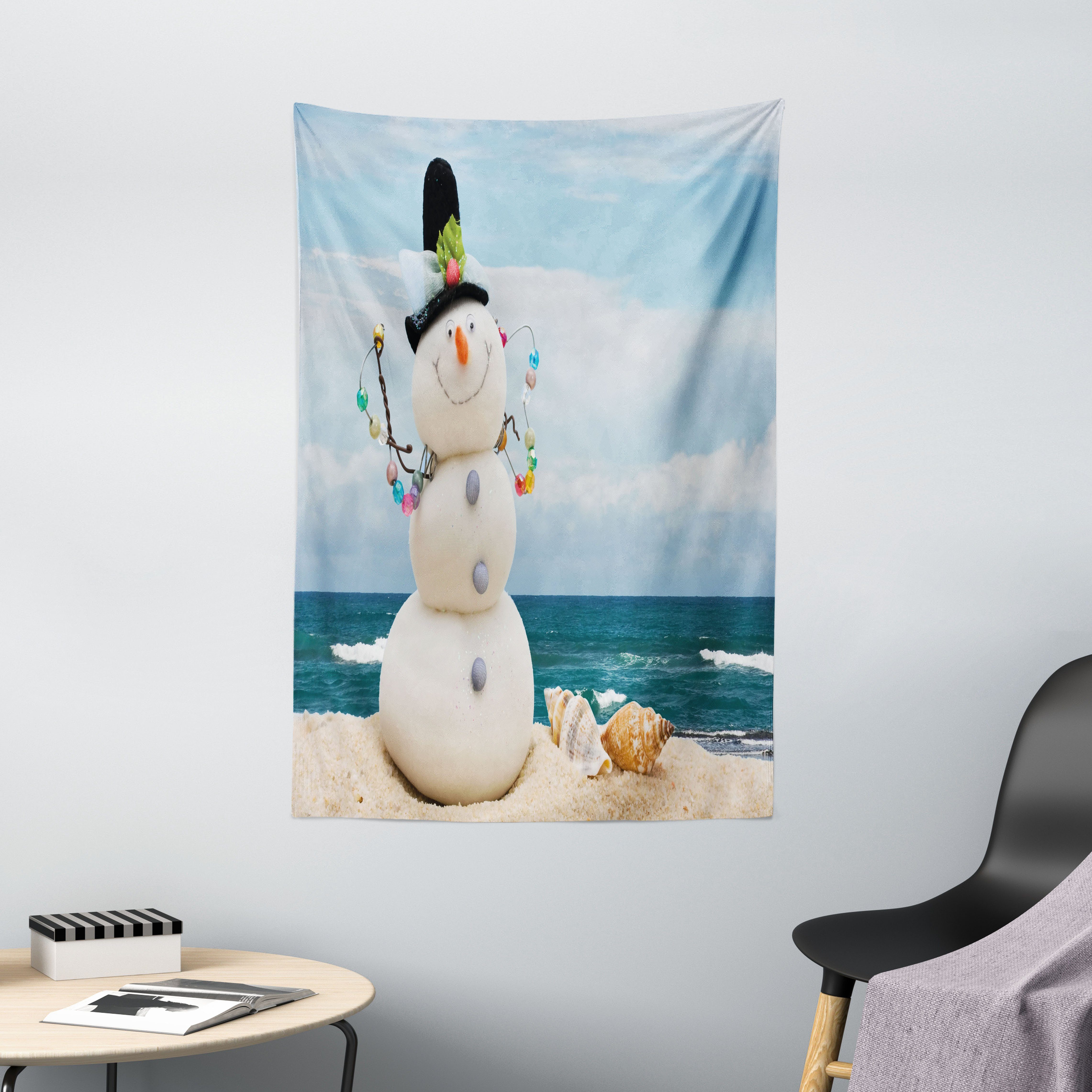 Wandteppich Wohnzimmer Schlafzimmer Wandtuch Seidiges Satin Wandteppich, Abakuhaus, rechteckig, Schneemann Winterurlaub Küste