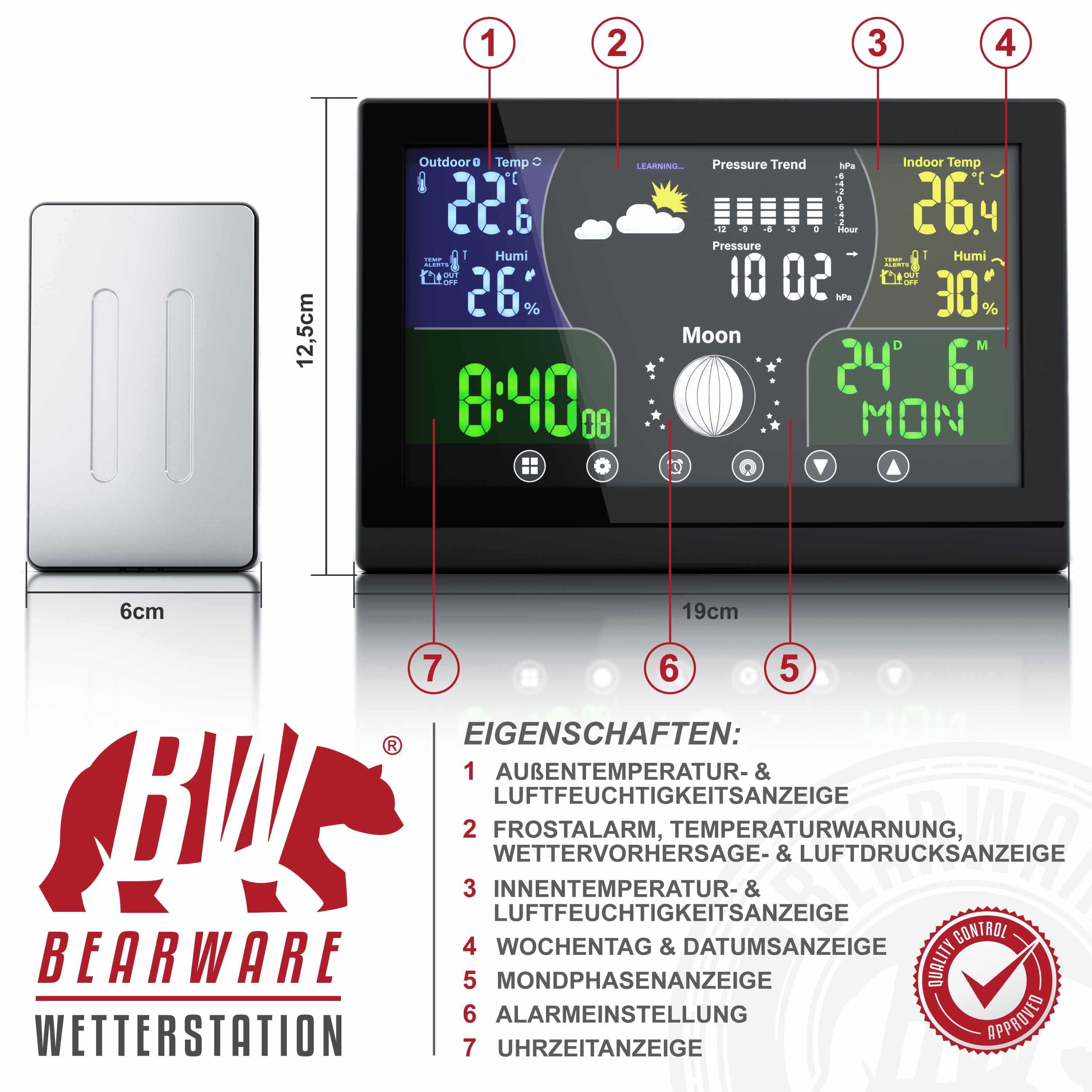 BEARWARE Wetterstation (mit Außensensor, mit LCD Farbdisplay / Luftdruck mit Höhenkorrektur)