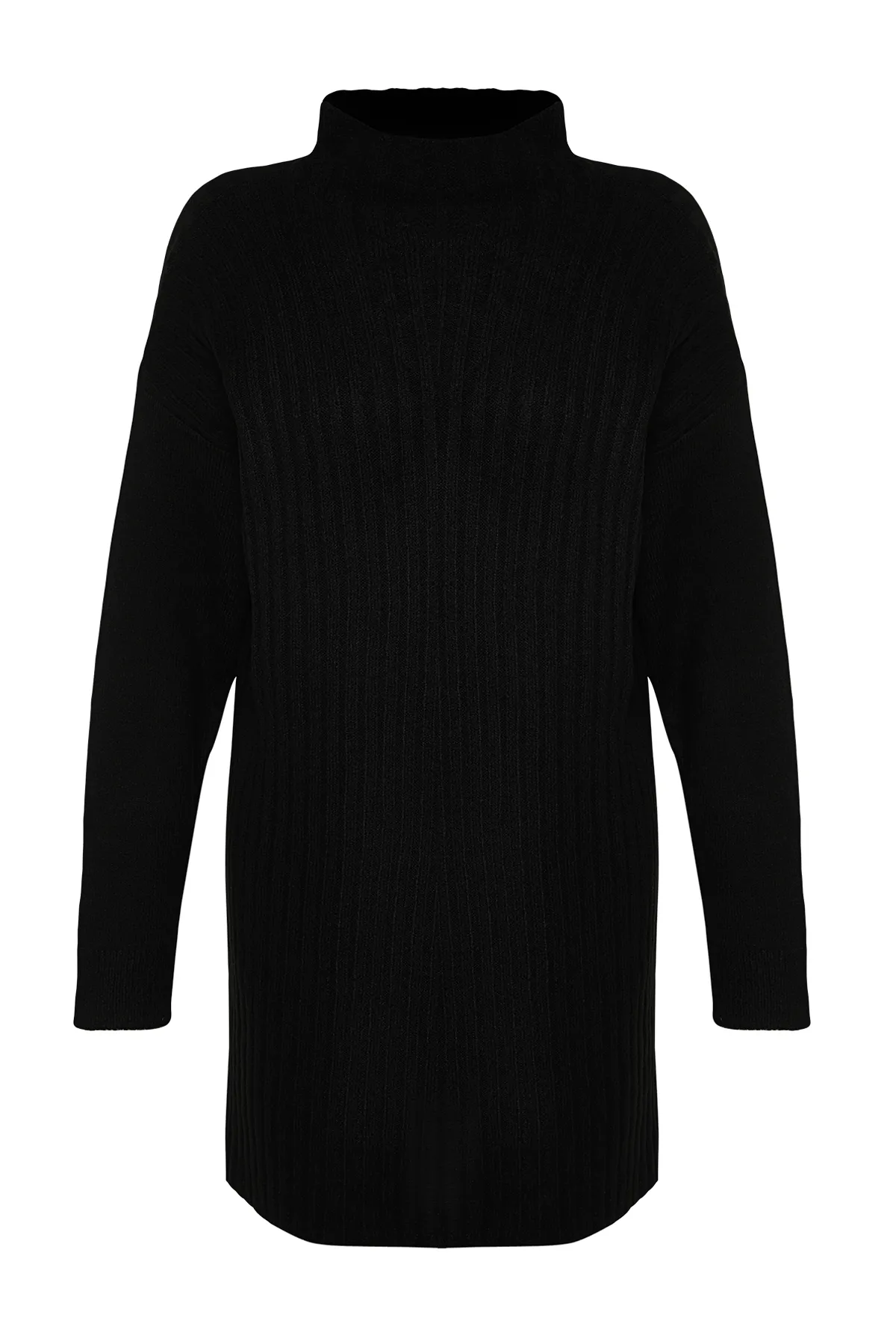 Trendyol Modest  Schwarzer, gerippter, weich strukturierter Strickpullover mit Stehkragen TCTAW24AK00013
