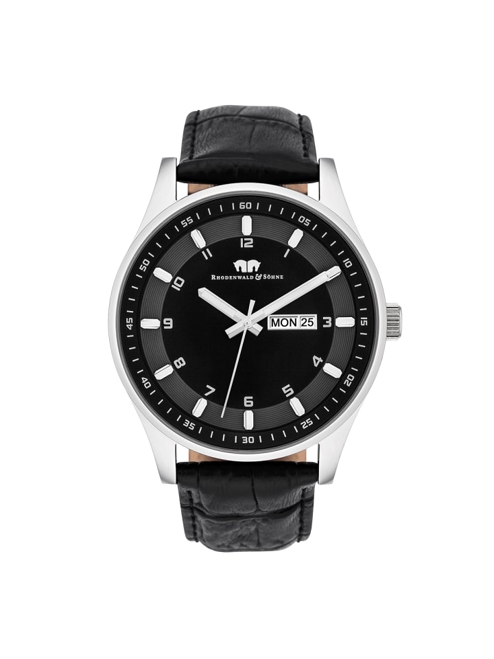Rhodenwald & Söhne Herren Quarzuhr silber Echtleder schwarz in schwarz günstig kaufen 20 cm