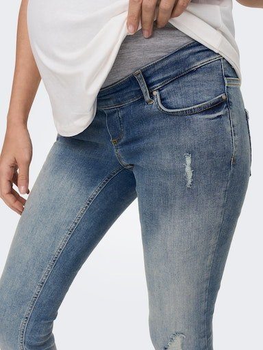 ONLY MATERNITY Umstandsjeans OLMBLUSH MID SK ANK RW DNM NOOS mit Destroyed Effekt