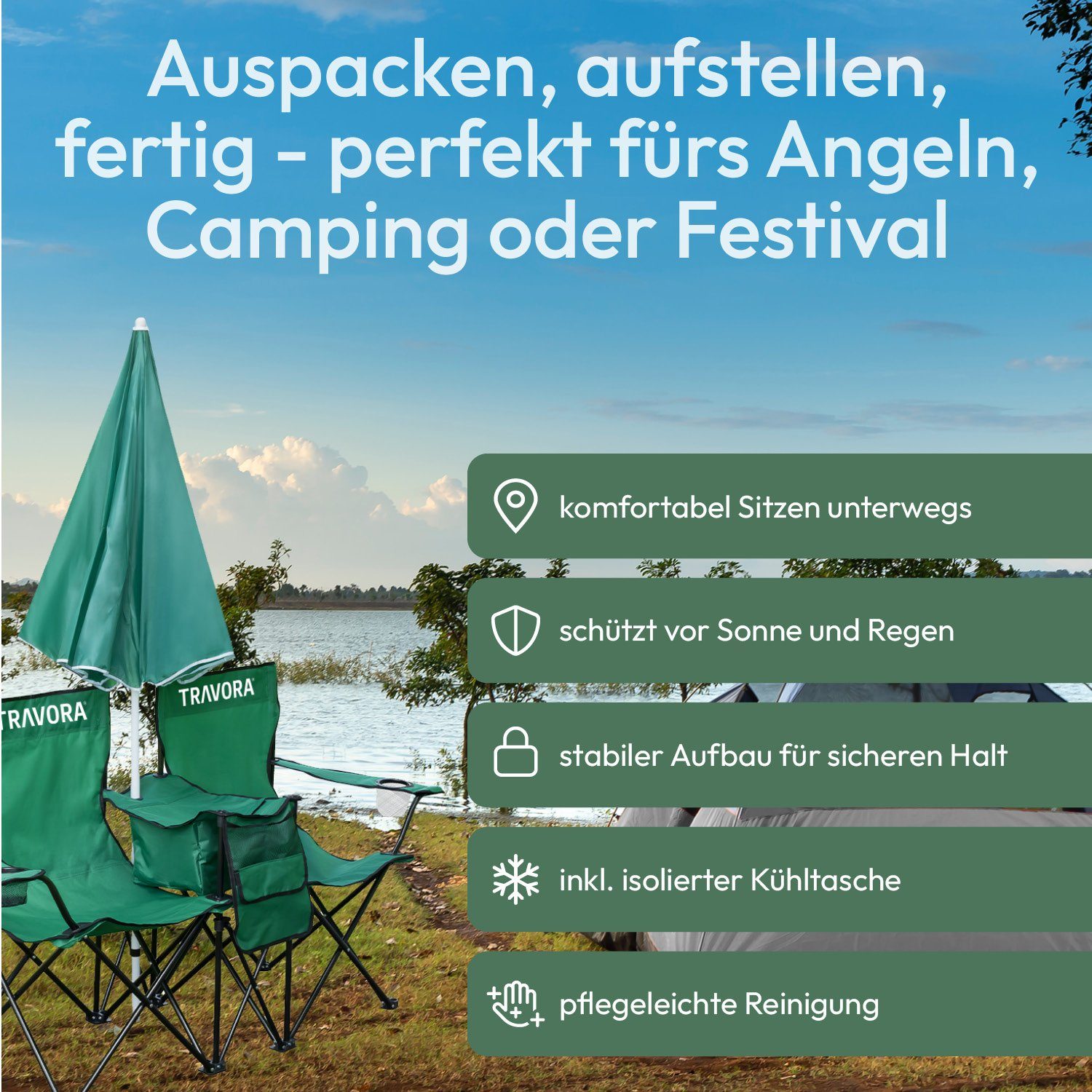 MOVAN Campingstuhl 2er Partner Anglerstuhl Campingstuhl mit Sonnenschirm und Kühlfach
