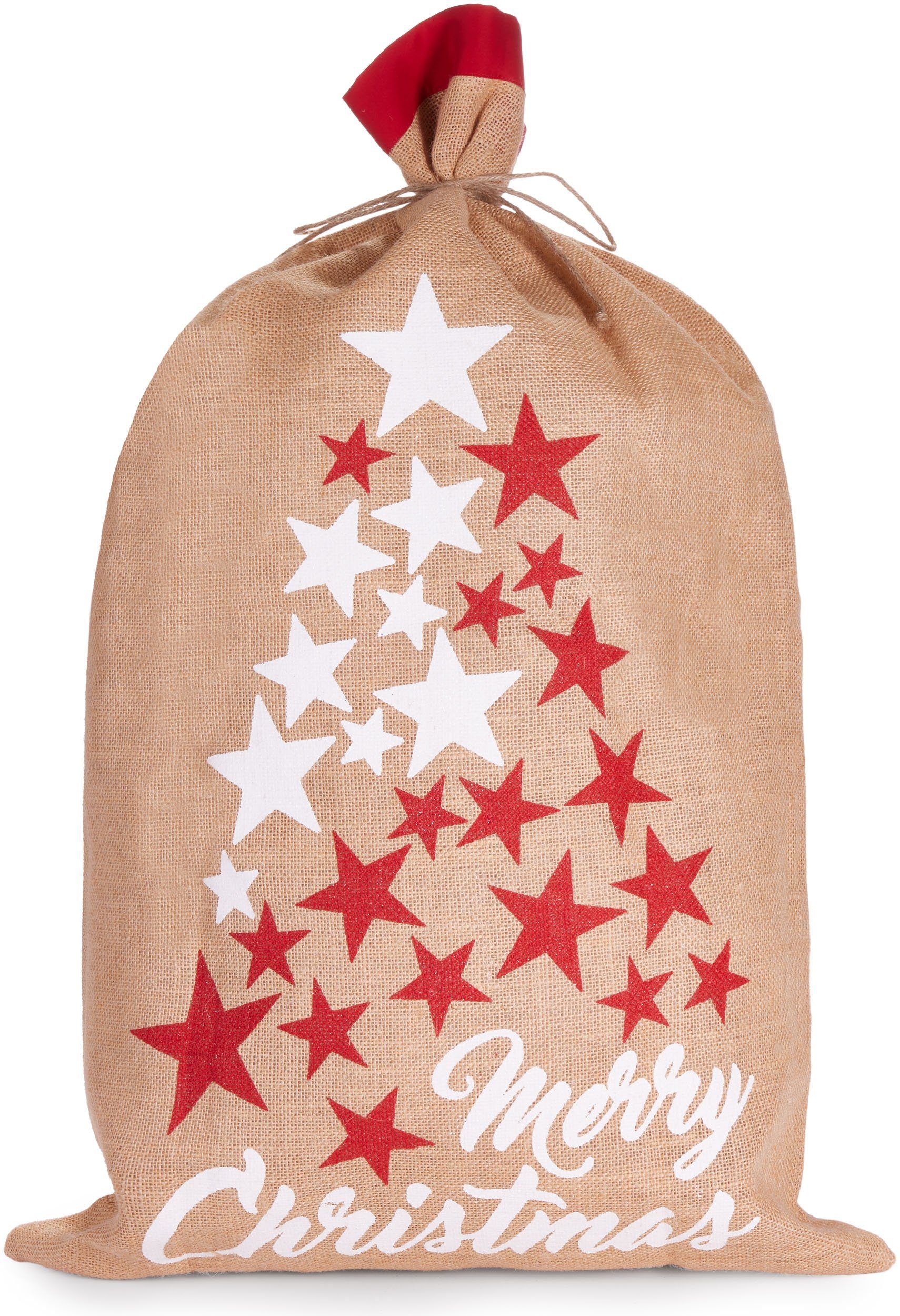BRUBAKER Aufbewahrungstasche Weihnachtssack Sterne Weiß Rot - Merry Christmas - 80 cm Geschenksack (Weihnachten, 1-tlg., Jutesack), Nikolaussack Jutebeutel Sack mit Kordel zum Verpacken von Geschenken
