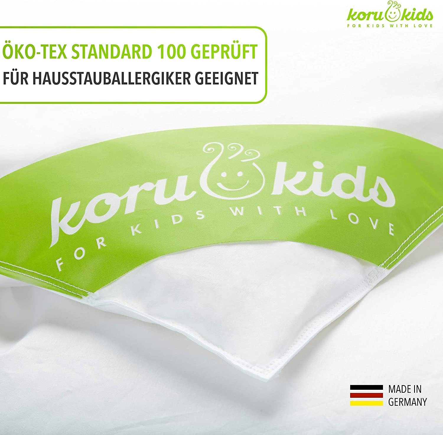 Kinderbettdecke + Kopfkissen, Daunen Kinderbettdecke 100x135 Set mit Kissen, Koru Kids, Füllung: 100% neue deutsche Entendaunen, made in Germany, waschbar bis 60°, natürliches Schlafen für Ihr Kind