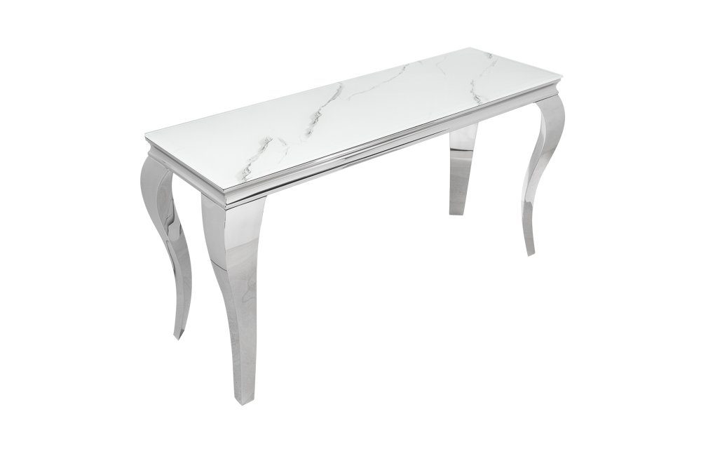 riess-ambiente Konsolentisch MODERN BAROCK 145cm grau / weiß, Glastisch · Marmor-Optik · Edelstahl-Beine