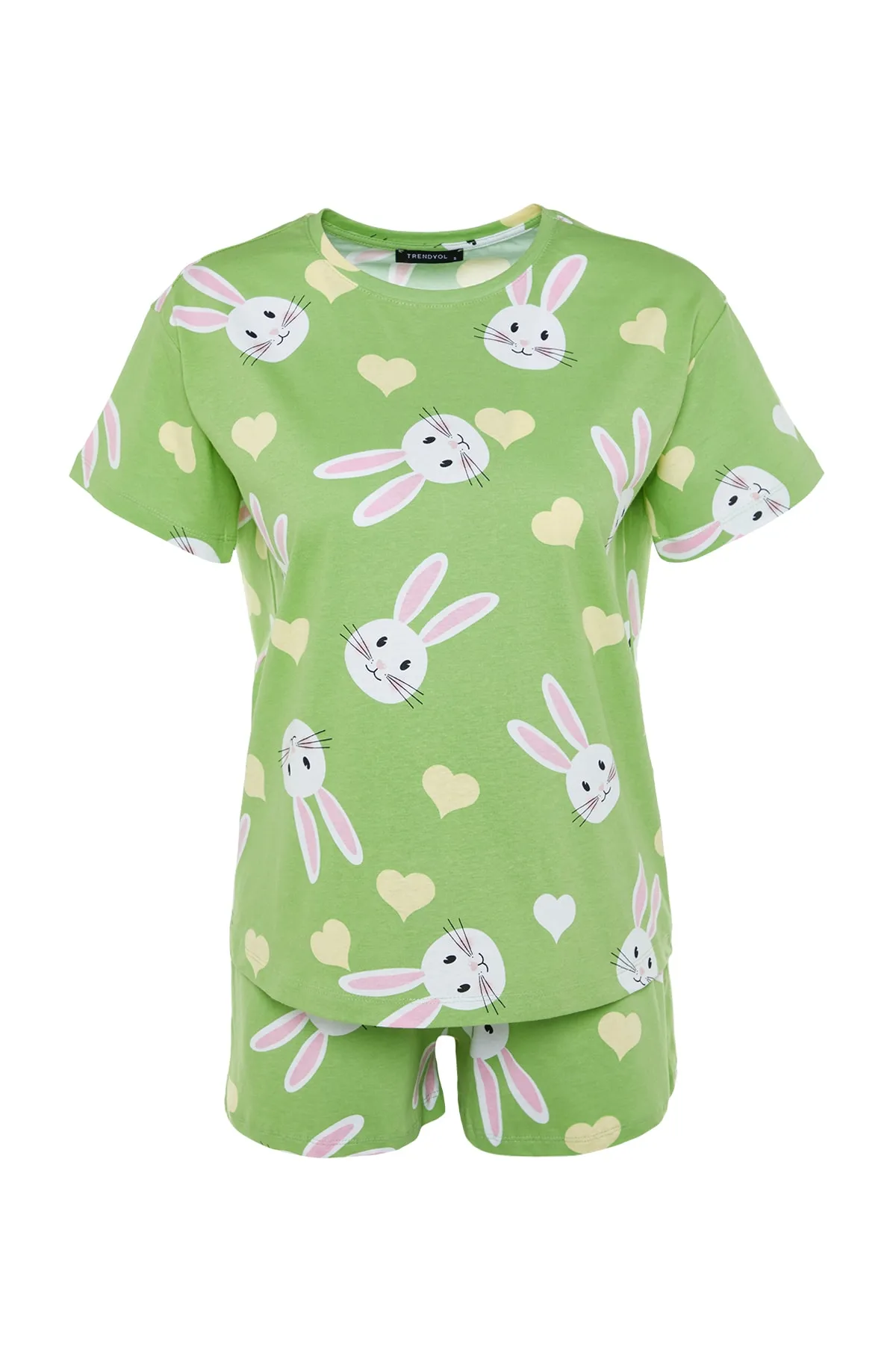Trendyol Collection  Grünes Strickpyjama-Set mit T-Shirt und Shorts aus 100 % Baumwolle mit Herz-Hasen-Muster THMSS23PT00005