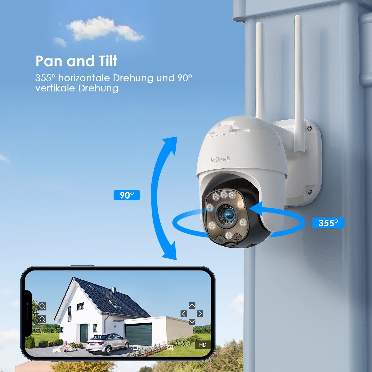 ieGeek 3stk Überwachungskamera Aussen 355/90° PTZ WiFi IP Kamera Überwachung Überwachungskamera (Außenbereich, Außen, Outdoor IP Kamera überwachung außen, mit Farbiger Nachsicht, Zwei-Wege-Audio,Bewegungserkennung,24/7 Aufnahme, Intelligentes Trackin