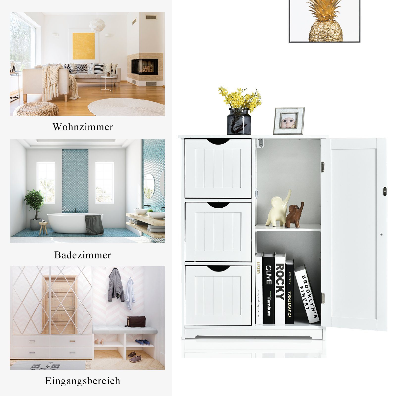 COSTWAY Badkommode, 3 Schubladen, mit verstellbarer Ablage, 30 x 60 x 81 cm
