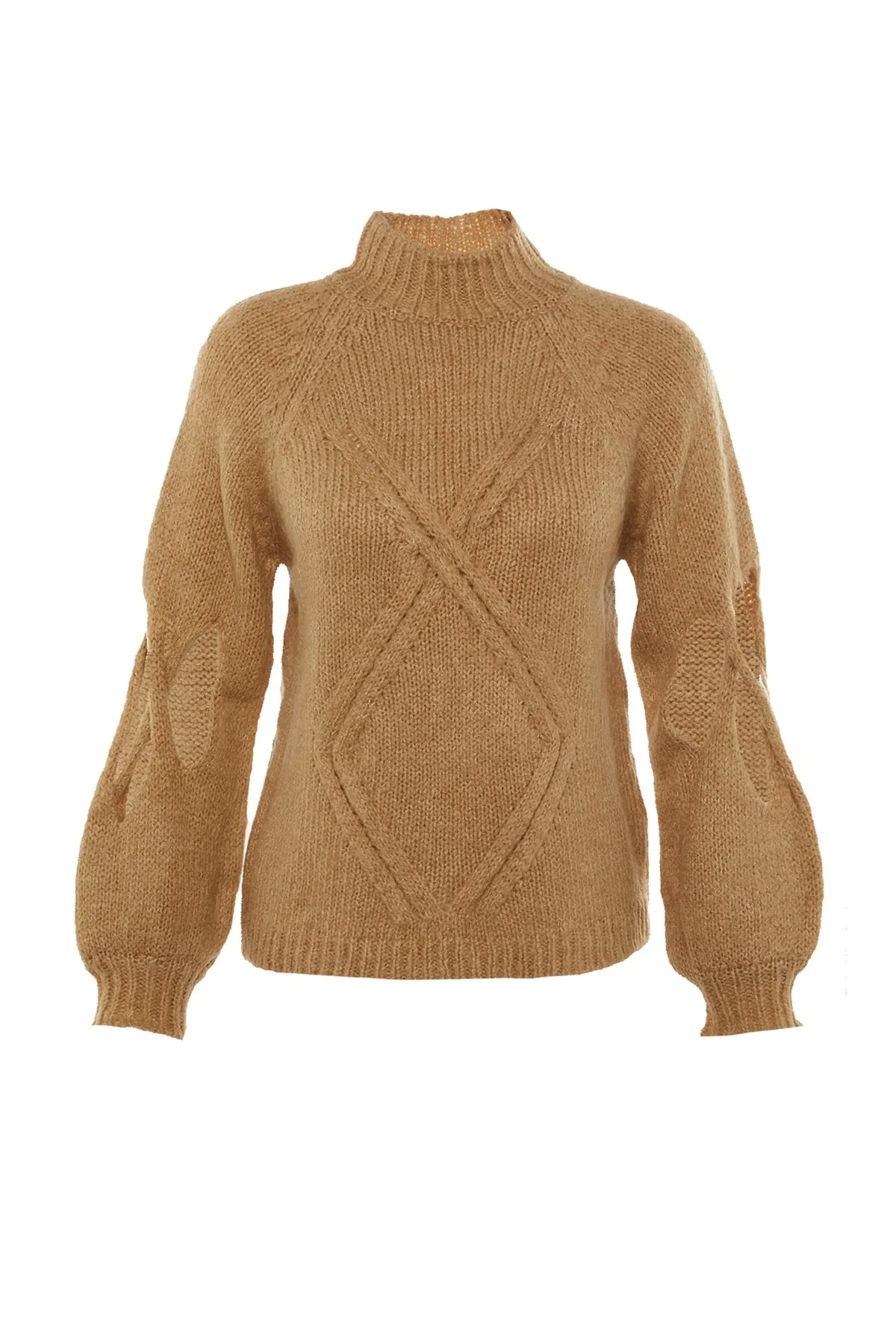 Trendyol Collection  Beiger Strickpullover mit weichem Strukturmuster, Stehkragen, Fenster-/Ausschnittdetail TWOAW22KZ0214
