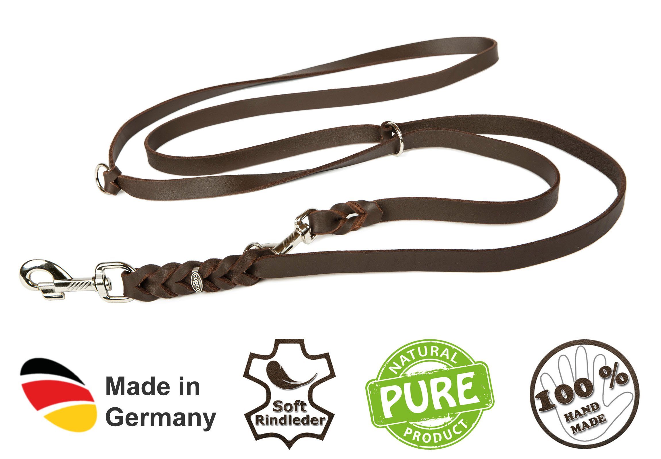 CopcoPet Hundeleine Fettlederleine Leder Führleine geflochten 3fach verstellbar verchromt, Robust, nachhaltig, Naturprodukt