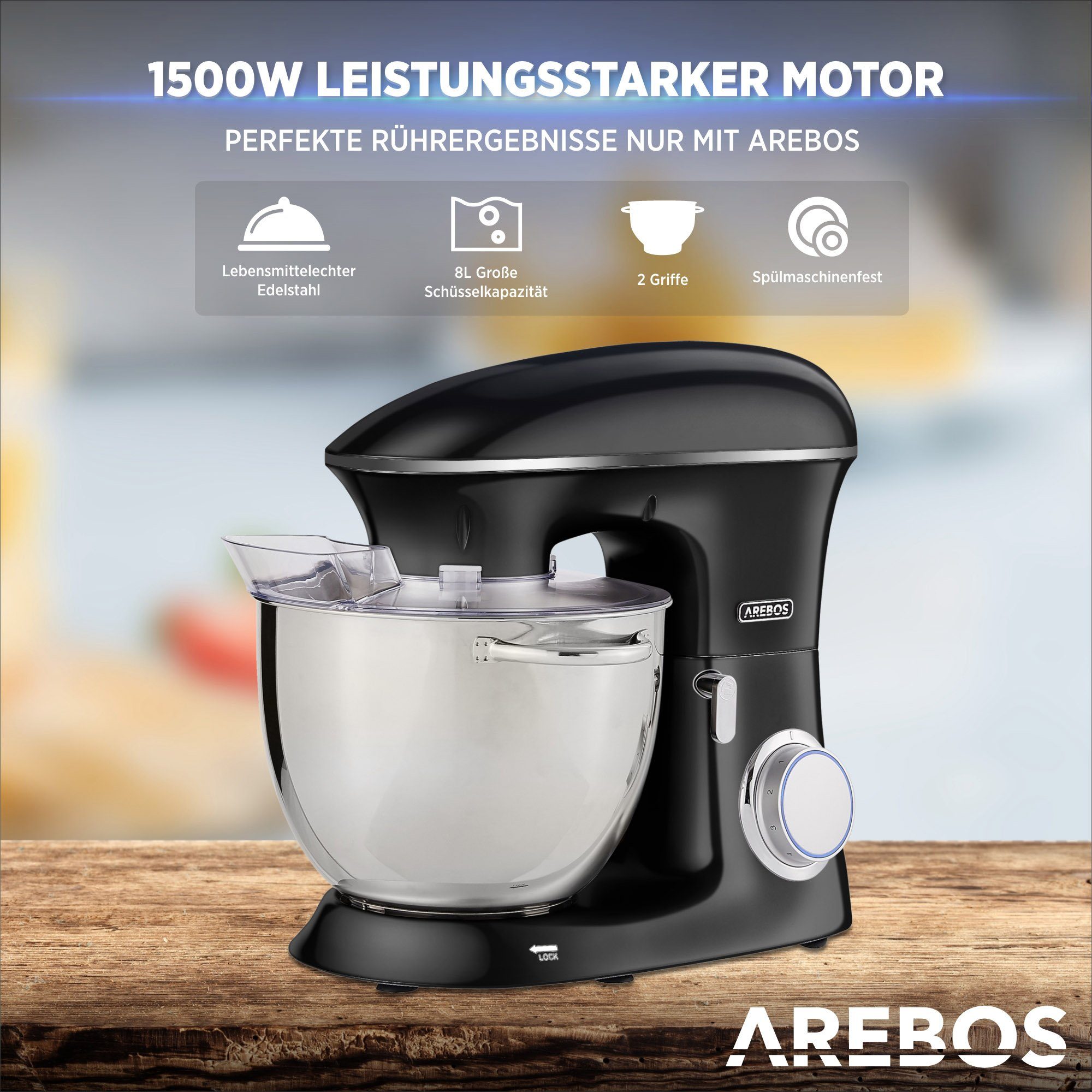 Arebos Küchenmaschine Edelstahl-Rührschüssel, 6 Geschwindigkeiten, 1500 W, 8,00 l Schüssel