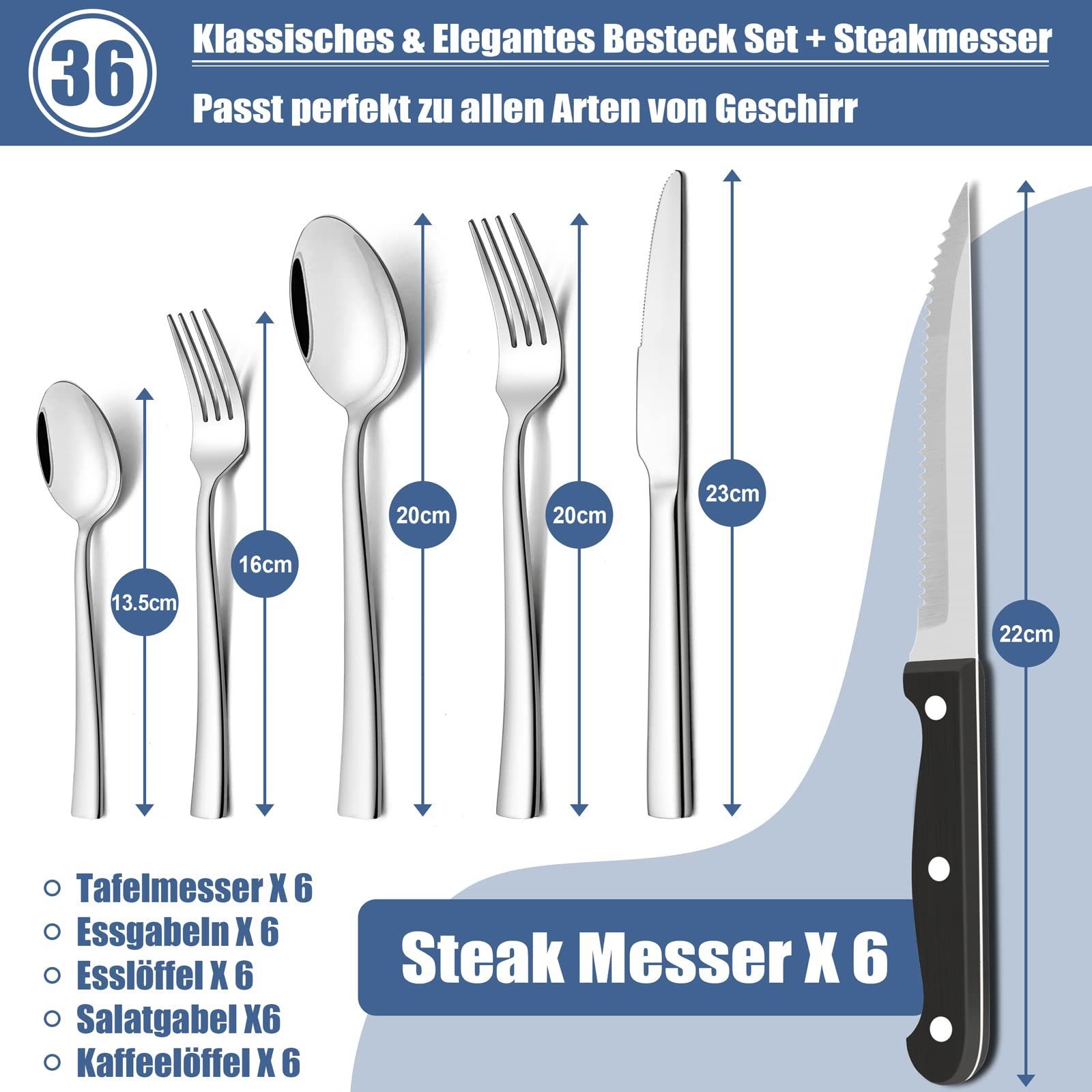 Tisoutec Besteck-Set Besteck Set für 6 Personen,36teiliges Edelstahl Essbesteck&Steakmesser, Elegantes/Modernes Besteckset,Besteck Set für Restaurant,Hotel,Zuhause