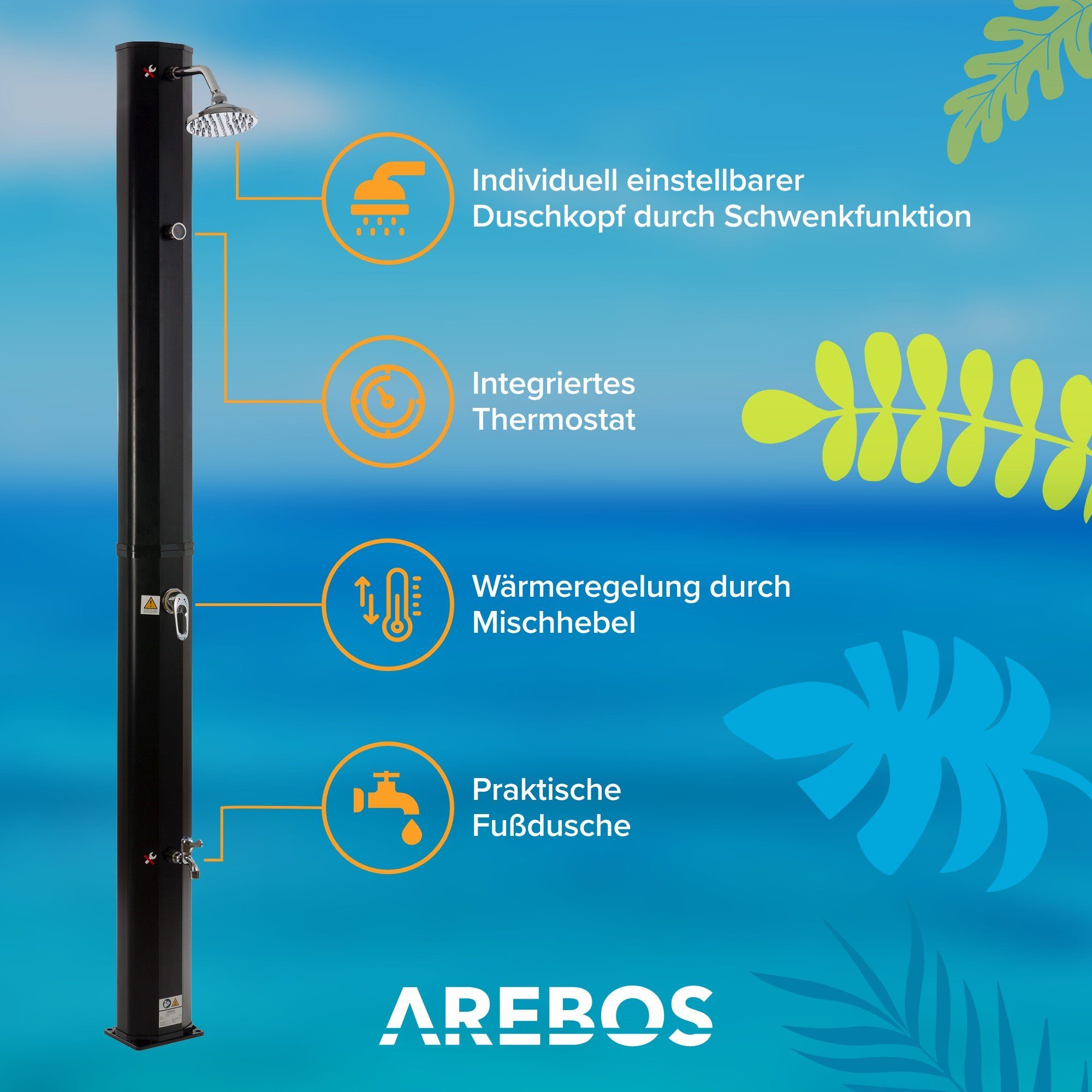 Arebos Solardusche 35L & Bodenelement, Pooldusche für den Garten, Inkl. Abdeckhaube (Set, Solardusche + Bodenelement + Inkl. Abdeckhaube)