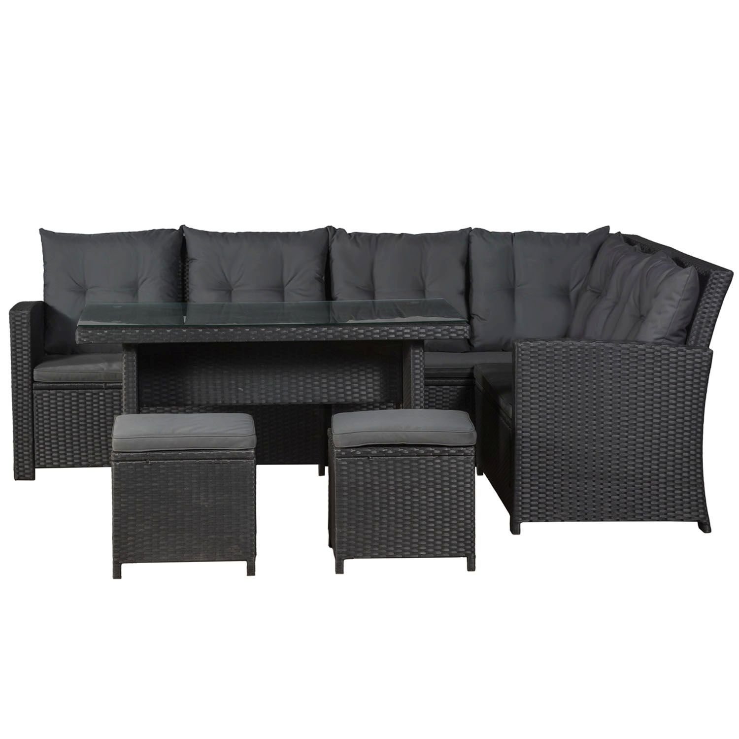 Juskys Gartenlounge-Set Santa Catalina, (Set, Sitzgruppe), 2 zusätzliche Hocker, Tisch mit Glasplatte, Waschbare Bezüge