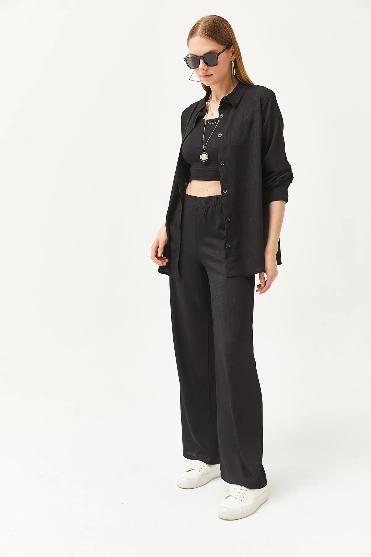 Olalook  Damen Schwarzes Hemd Bluse Hose 3-teiliges Set TKM-19000270
