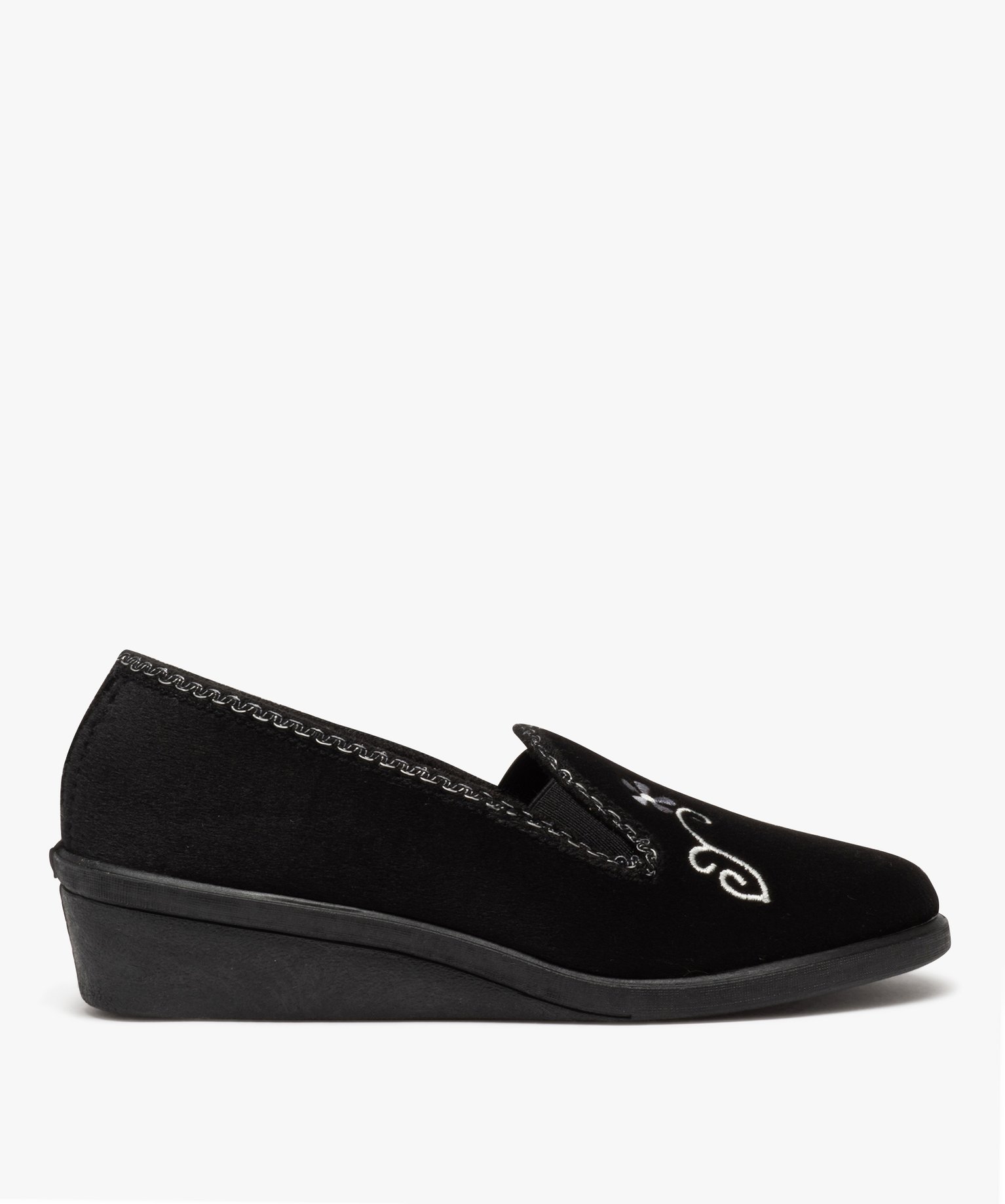 Chaussons femme pantoufles compensées en velours brodé noir | GEMO