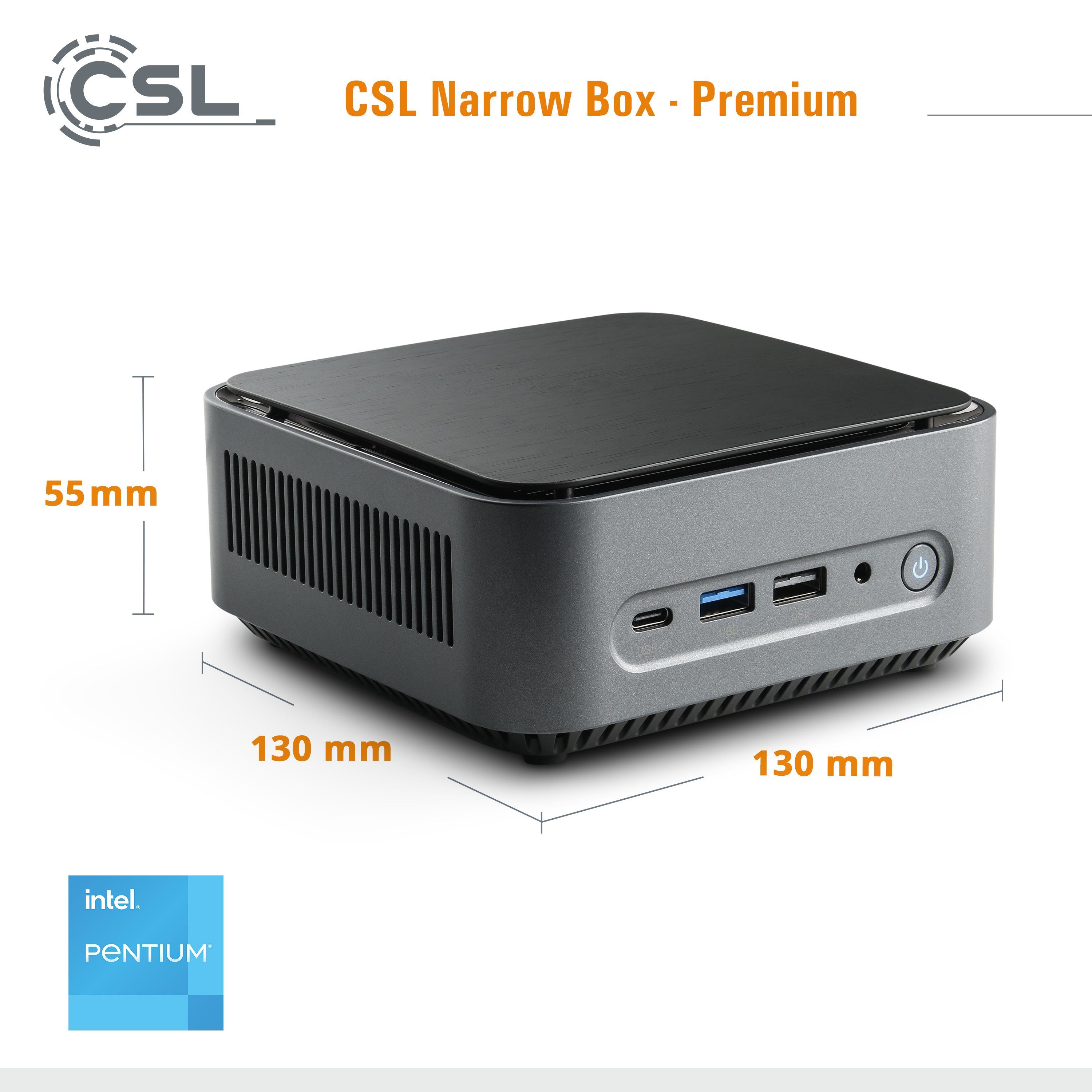 CSL Narrow Box Premium / 32GB / 500 GB M.2 SSD / Win 11 Pro PC (Intel® N6000, Intel® UHD Graphics, 8 GB RAM, 500 GB SSD, passiver CPU-Kühler)