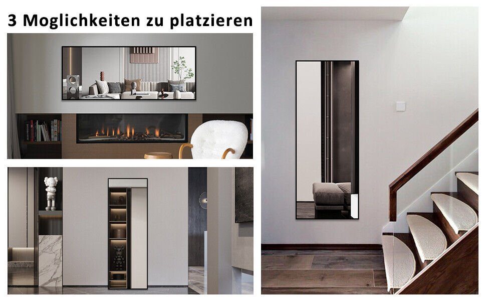 Boromal Spiegel Flur Ganzkörper 150x50 160x40 140x40 Flurspiegel schwarz (Wandspiegel Groß HD Bodenspiegel, mit Alu Metall Rahmen), explosionsgeschützt, 4 Installationsmethoden