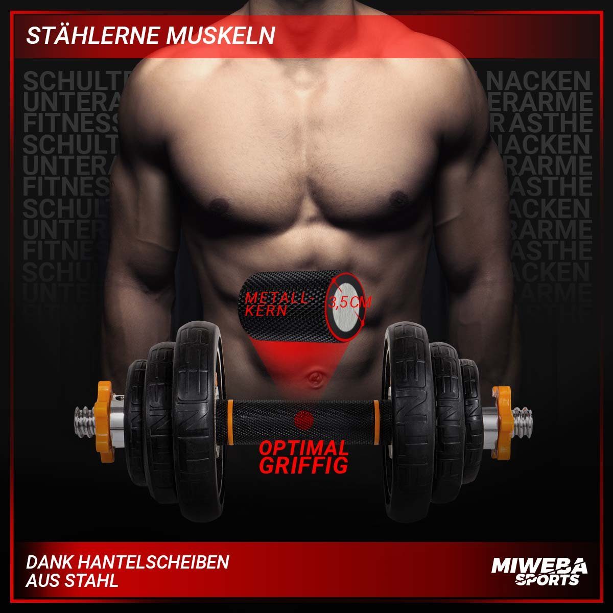 Miweba Sports Hantel-Set Premium FED 4in1 Hantel Set inkl. Transportkoffer - 20/30 kg, (Hantelstangen, Gewichte, Verbindungstück, Sternverschlüsse, Gummibezüge, Trainingshandschuhe, Stahl, kreuzgerändelter Griff, rutschfest, Multifunktionshantel, sch