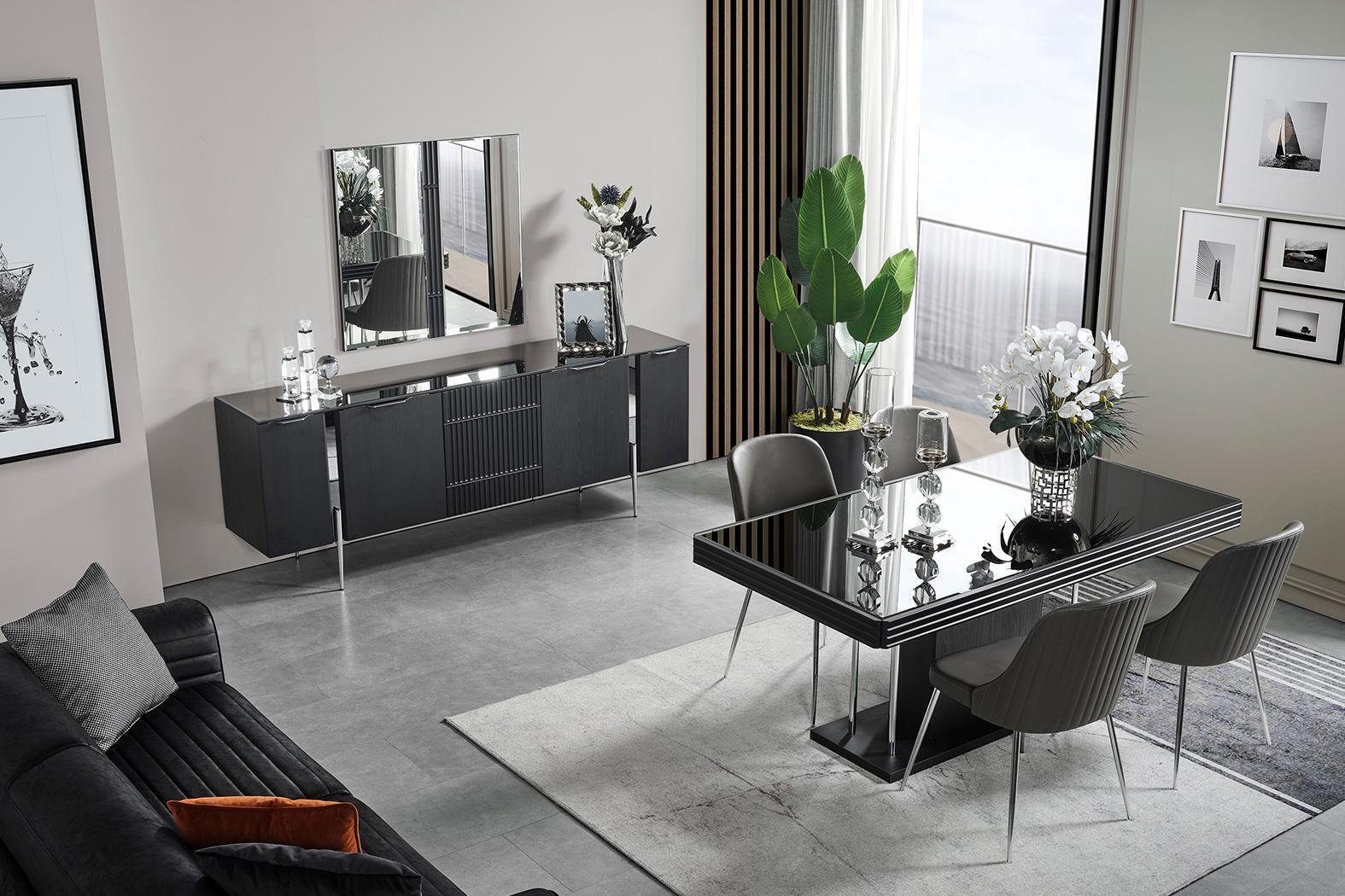 JVmoebel Esszimmer-Set Schwarze Esszimmergarnitur Esstisch 4x Stühle Sideboard Spiegel, (7-St., Esstisch, 4x Stühle, Sideboard, Spiegel), Made in Europa