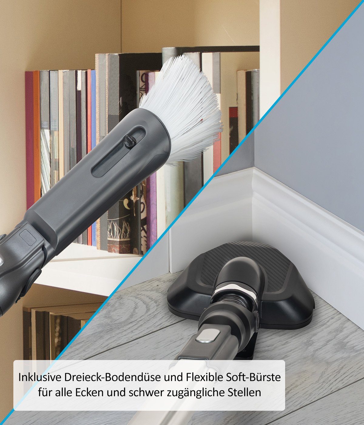 Genius Akku-Handstaubsauger INVICTUS ONE 3.0e Deluxe-Set 22-tlg. Bodenstaubsauger Kabellos, 120,00 W, beutellos HEPA Filter für Auto Zuhause, 15000 Pa LED Licht Ladestation Soft Textilbürste für Teppich Tierhaar