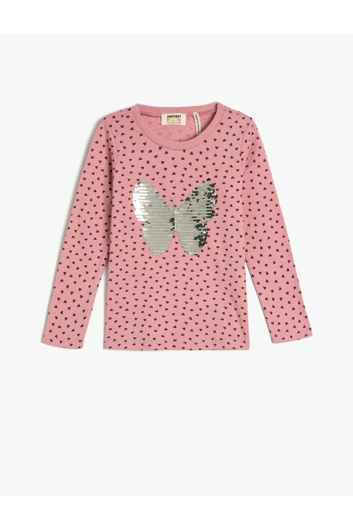 Koton  T-Shirt mit Schmetterlings- und Paillettenstickerei, langärmelig, Rundhalsausschnitt aus Baumwolle