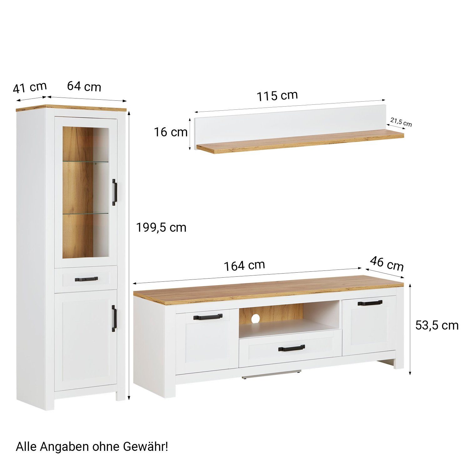 Homestyle4u Wohnwand Anbauwand Schrank Set 3 tlg. Weiß Eiche, (3-St)