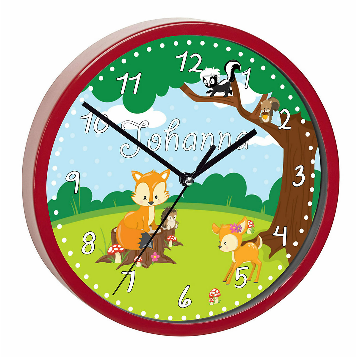 Kinder Wanduhr laufruhig personalisiert mit Name Waldtiere