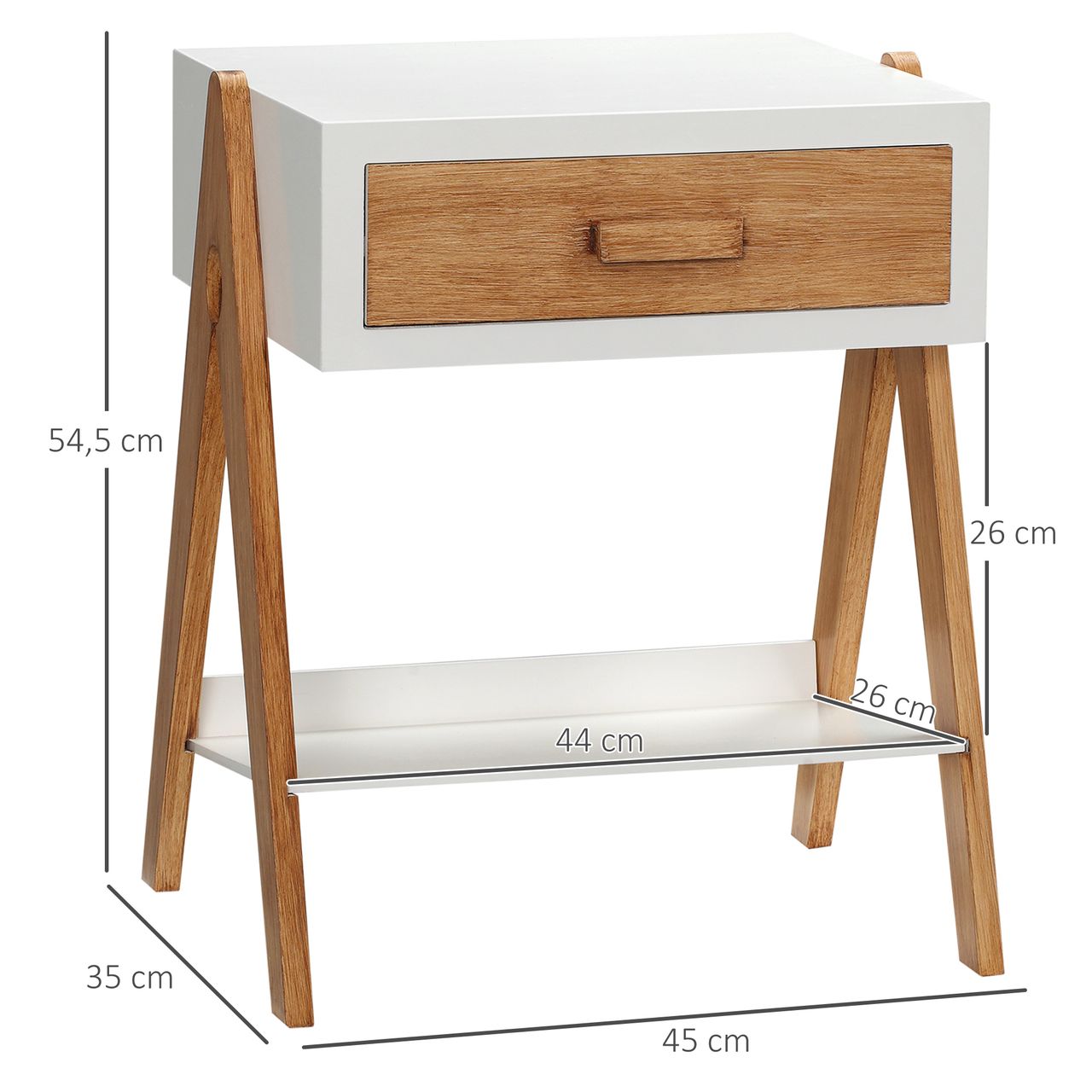 HOMCOM Beistelltisch Nachttisch mit Schublade und Ablage Couchtisch Sofatisch Kaffeetisch für Schlafzimmer Wohnzimmer Skandi-Design Weiß Natur 45 x 35 x 54,5 cm