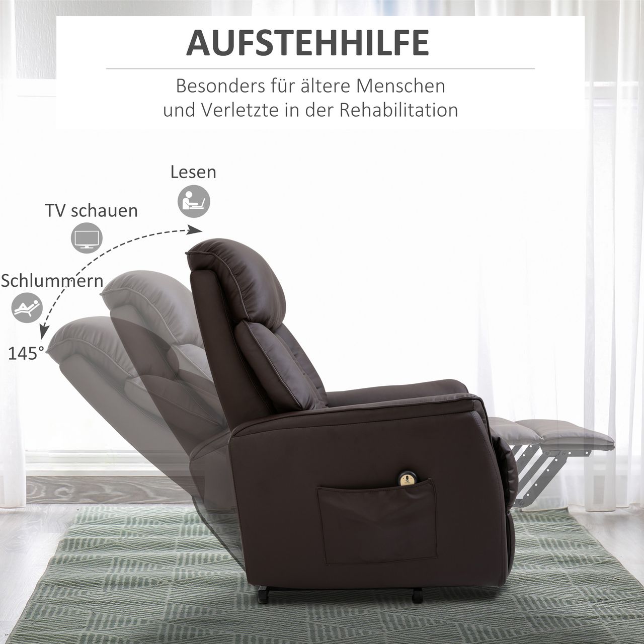 HOMCOM Aufstehsessel mit Aufstehhilfe Fernsehsessel Liegefunktion Braun