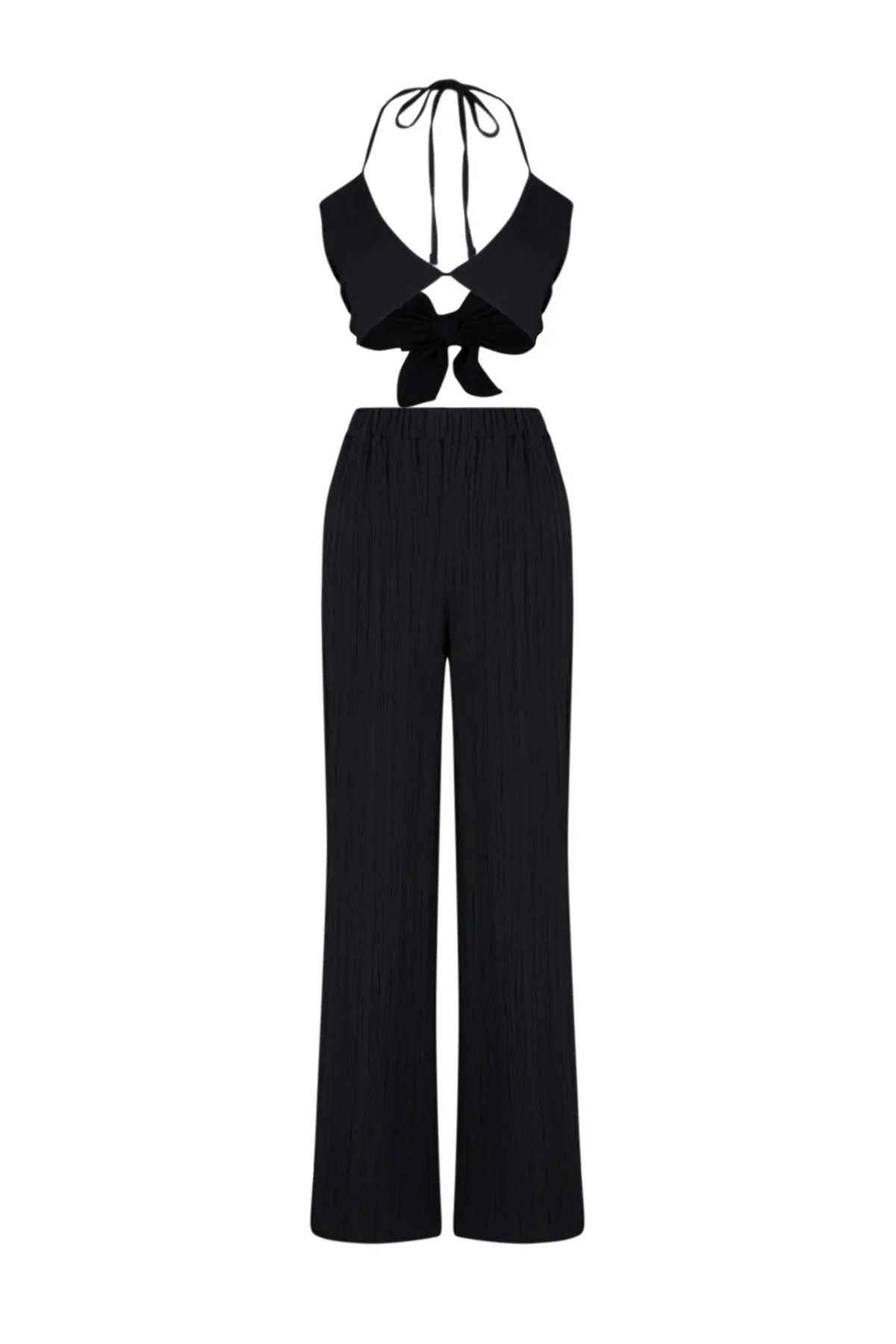 Trendyol Collection  Schwarz gewebtes Blusen- und Hosenset aus Leinenmischung TBESS24AU00030