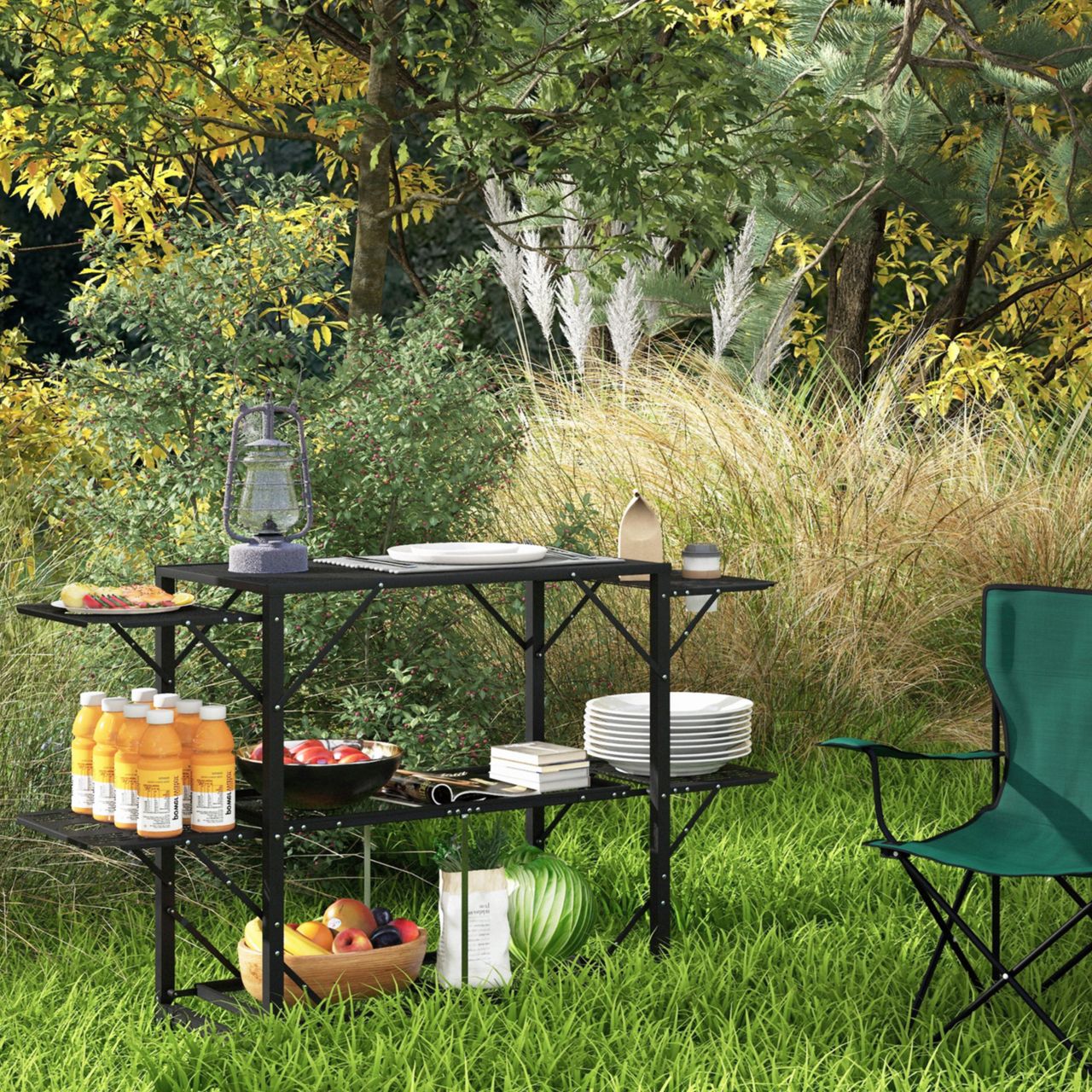 Outsunny Campingtisch Faltbar, Camping-Küchentisch mit 2 Ablagen, 4 Seitentische