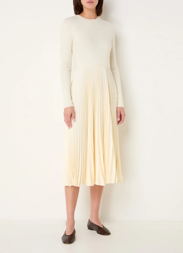 Vestido midi plisado de punto acanalado y mezcla de lana de Ralph Lauren