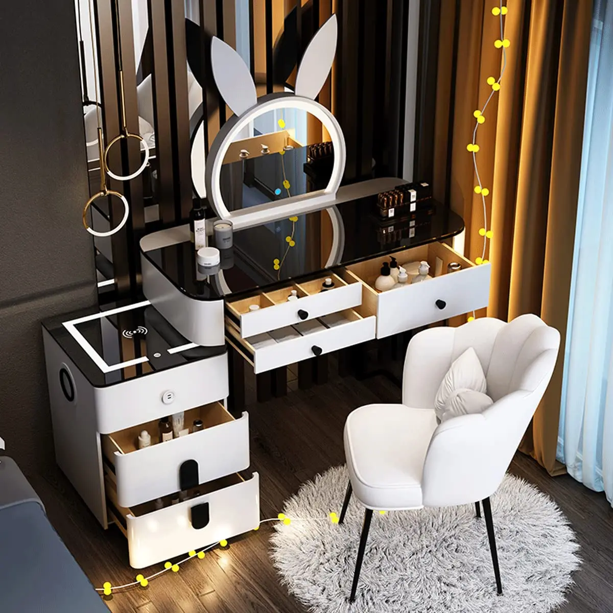 Makeup Vanity Desk Set, With 3 Color LED Lights Mirror, With Cushioned Stool, for Family Bedroom, for Her (120CM/47.2IN)