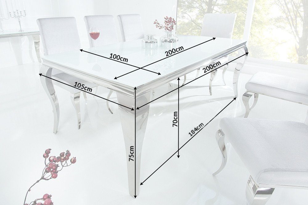 riess-ambiente Esstisch MODERN BAROCK 200cm weiß / silber (Einzelartikel, 1-St), Esszimmer · Opalglas · Edelstahl · eckig