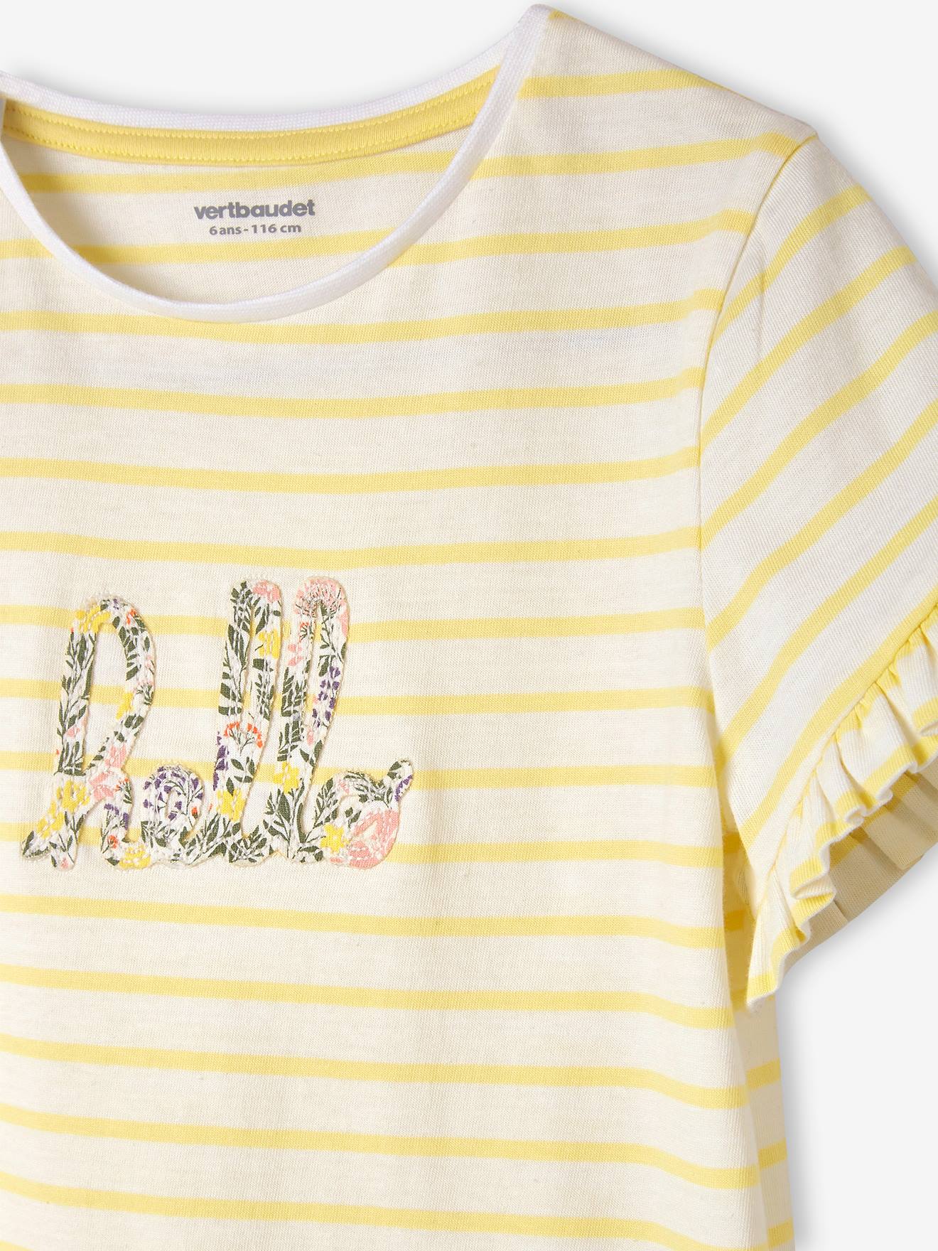 T-shirt rayé fille manches courtes volantées écru