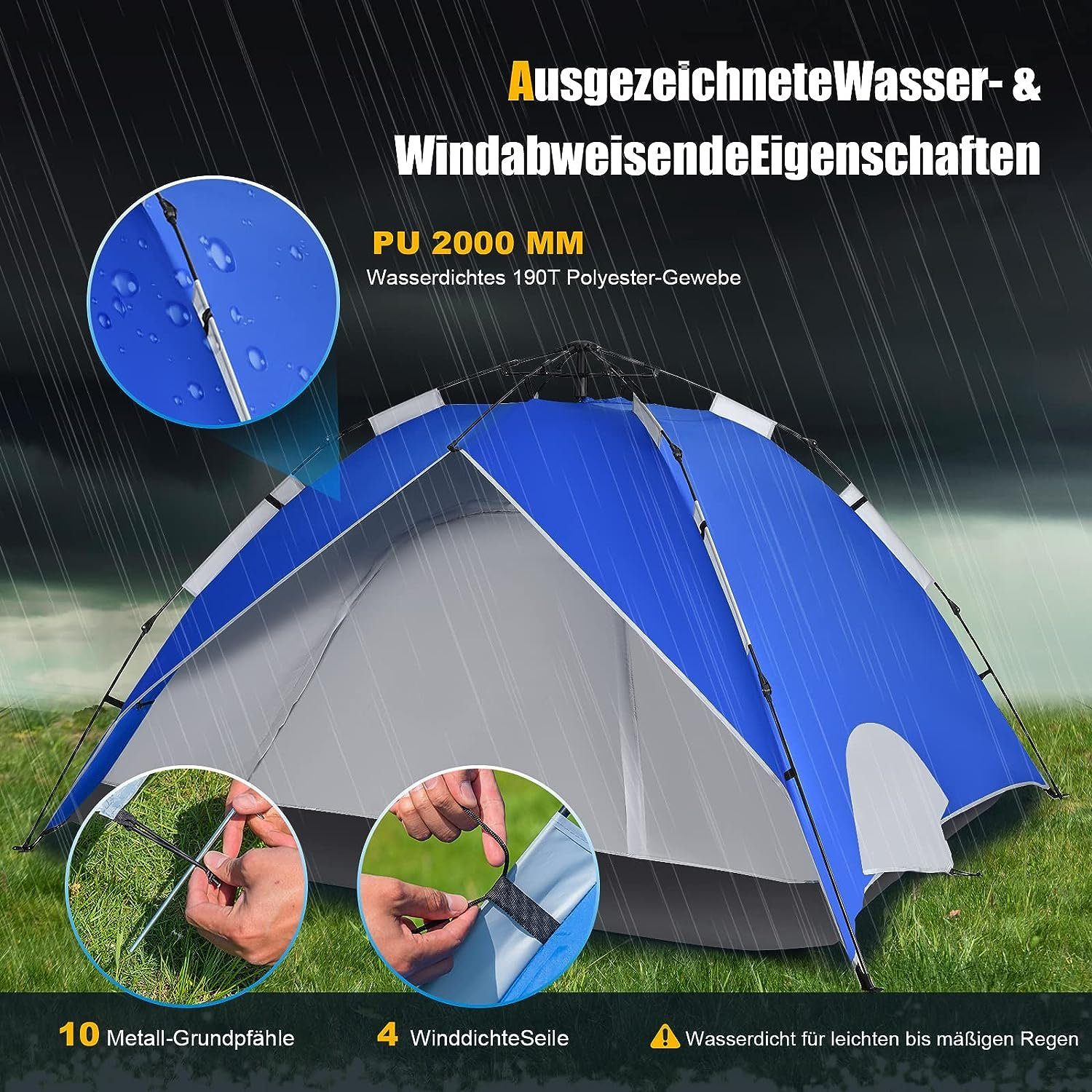 KOMFOTTEU Wurfzelt Pop Up Campingzelt, Personen: 4, mit Tragetasche & Netzfenster & Reißverschluss