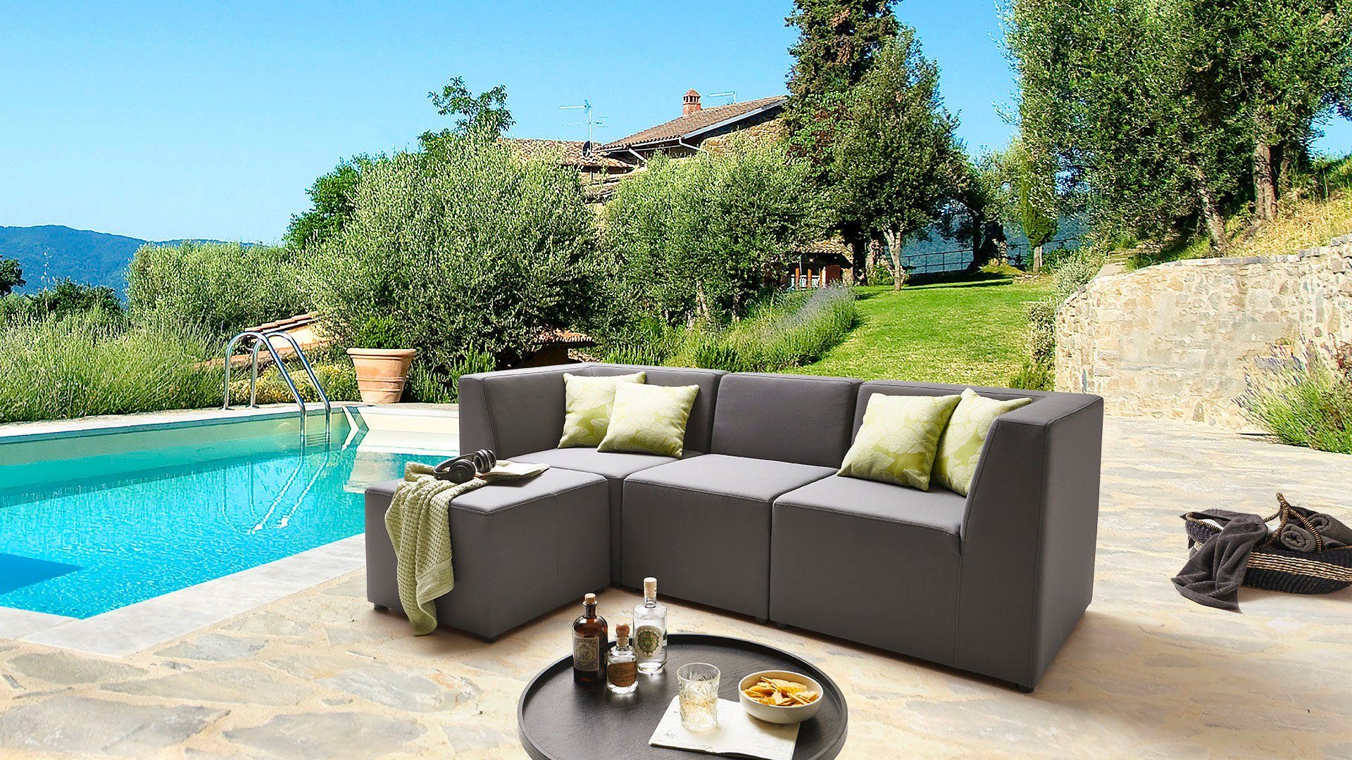 DOMO collection Polsterhocker Aurinko, Speziell für Outdoor, witterungsbeständig, incl. Schutzhülle