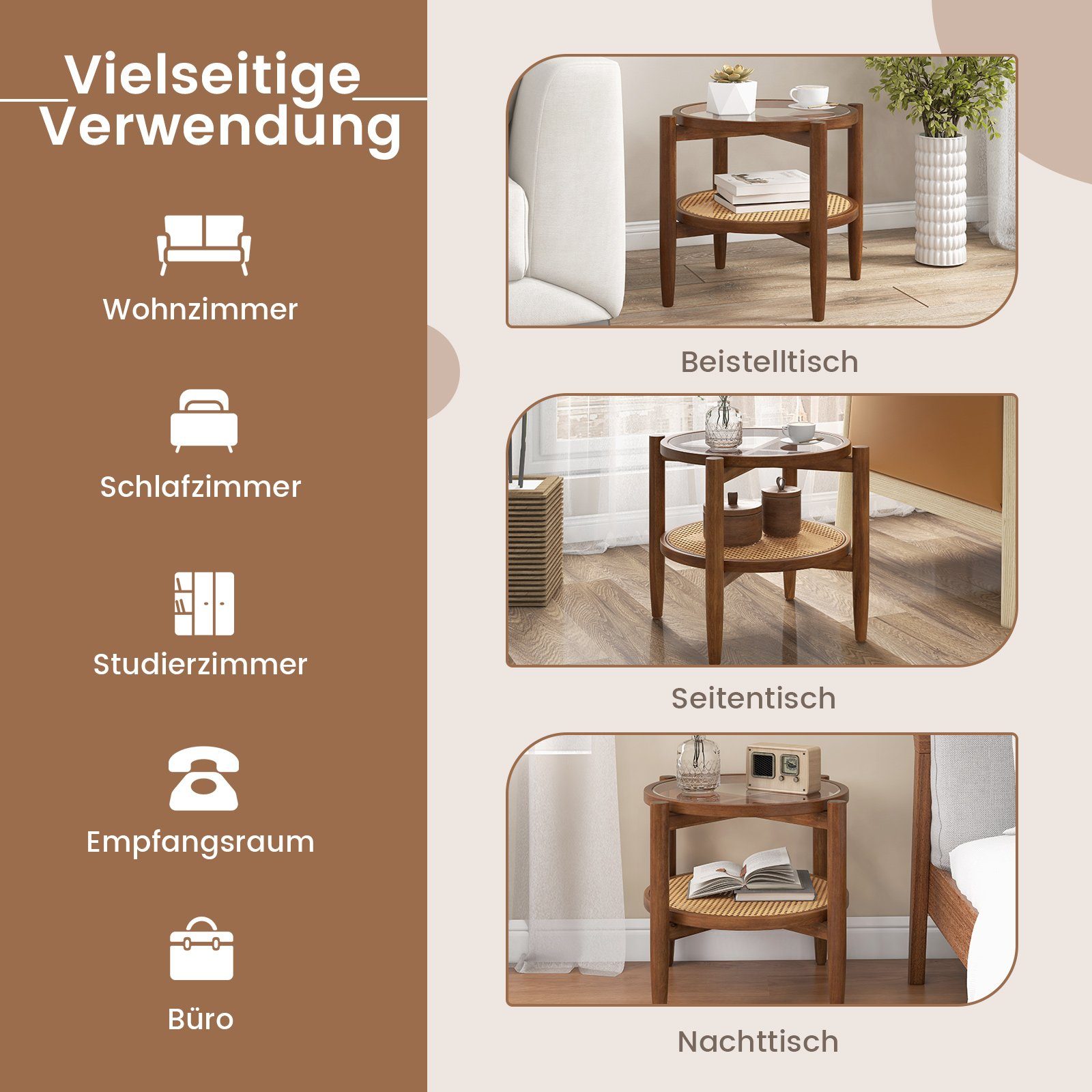 COSTWAY Beistelltisch, gehärtete Glasplatte, mit Rattan Ablage, rund 56x56cm