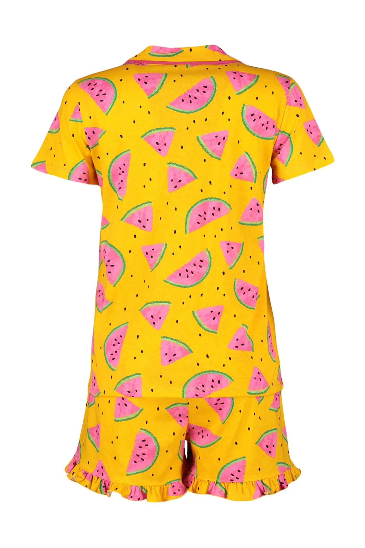 Trendyol Collection  Hellorangees Pyjama-Set aus 100 % Baumwolle mit Wassermelonenmuster und Rüschen, Hemd und Shorts, Strick, THMSS21PT0670