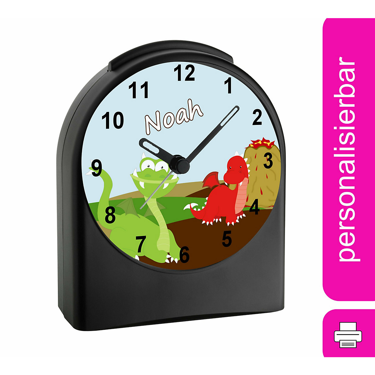 Kinder Funkwecker personalisiert mit Namen Drache Atom-/Funkuhr, 12-Stunden-Anzeigeformat, Schlummerfunktion, Nachtlicht, Geräuschlos/Ohne Ticken