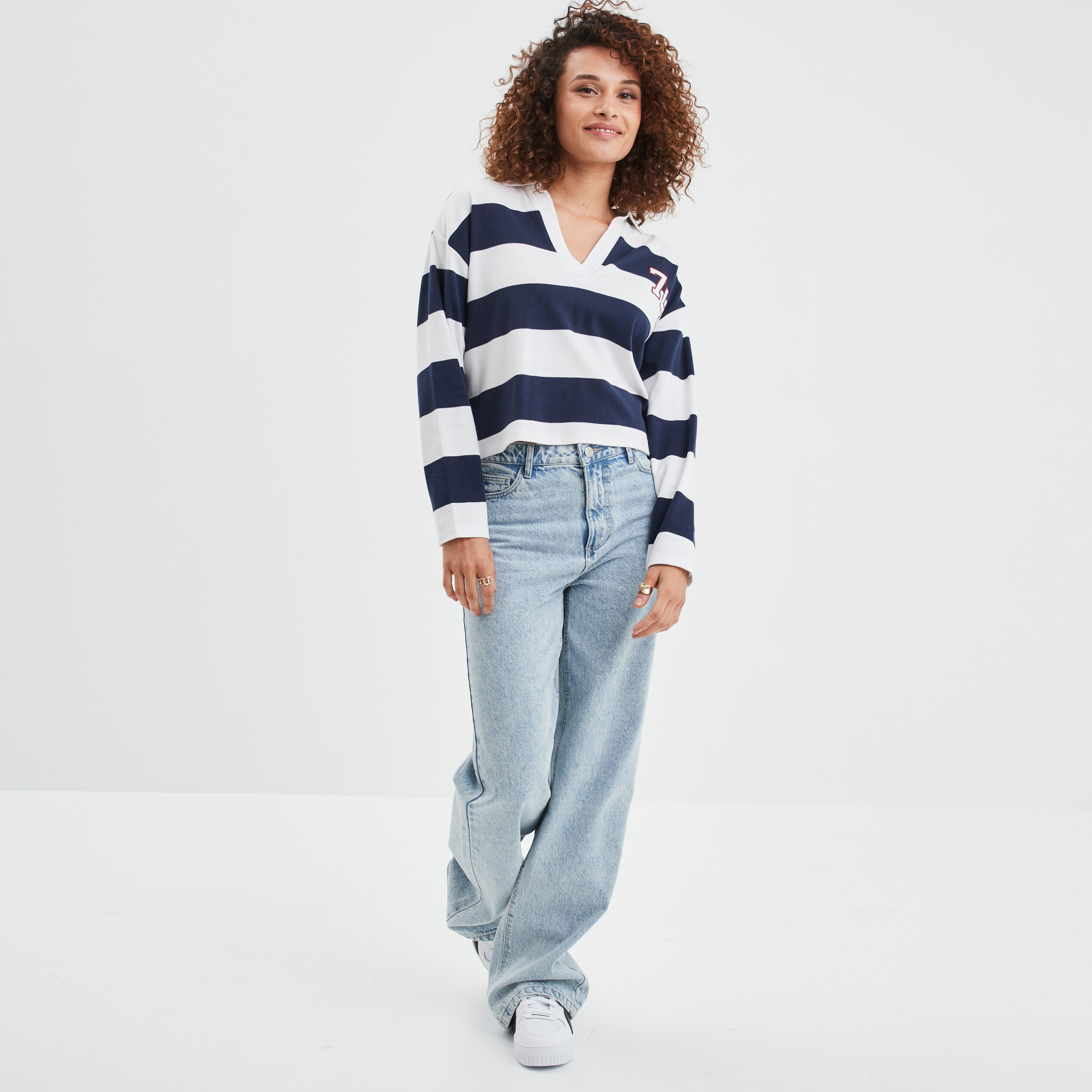 T-shirt col en V manches longues Creeks bleu marine femme | La Halle