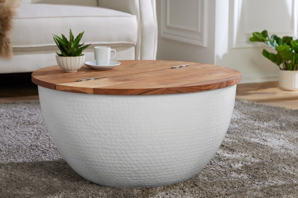 riess-ambiente Couchtisch ORIENT STORAGE Ø60cm natur / weiß, Wohnzimmer · rund · Massivholz · Metall · mit Stauraum · Hammerschlag