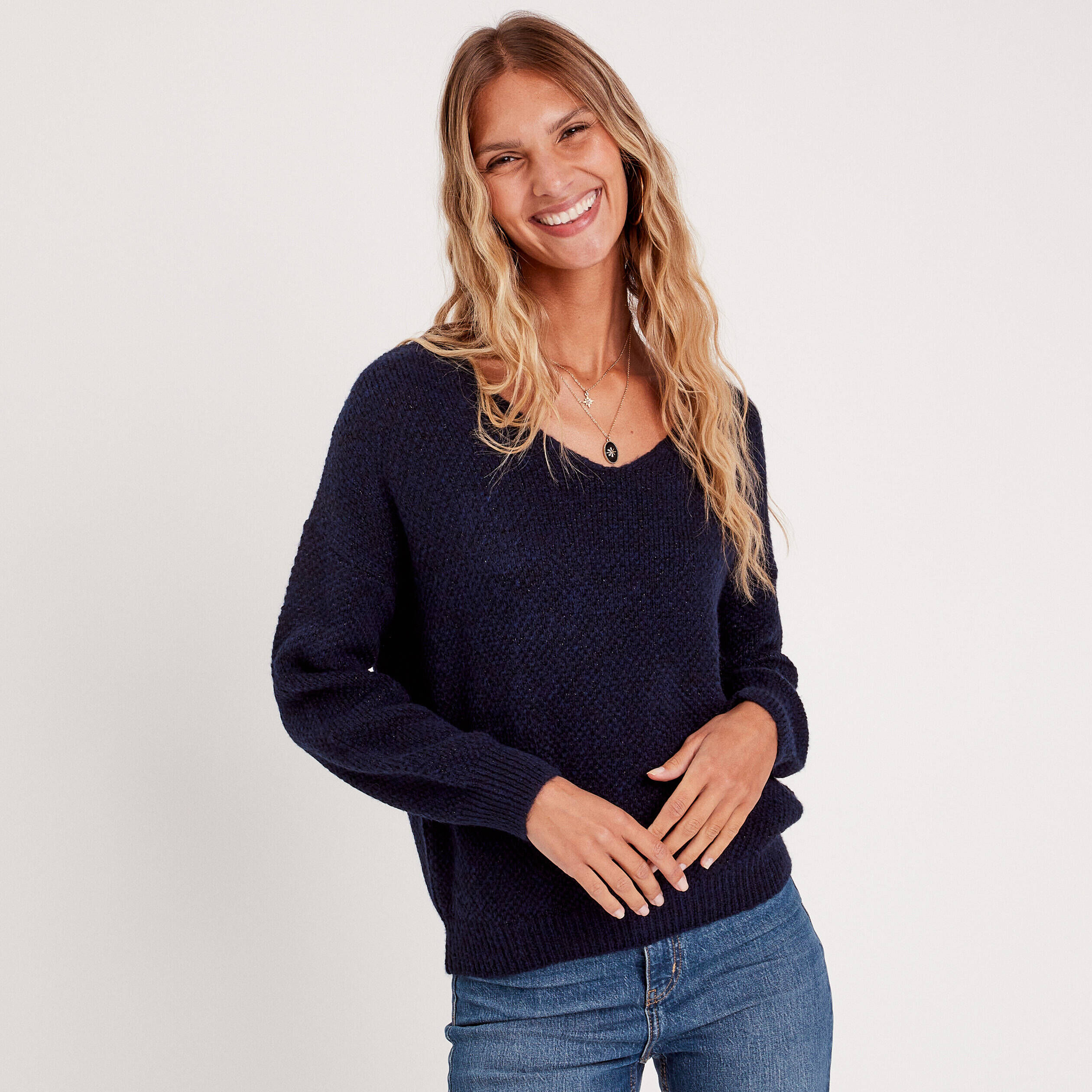 Pull manches longues col en V bleu marine femme | Cache Cache