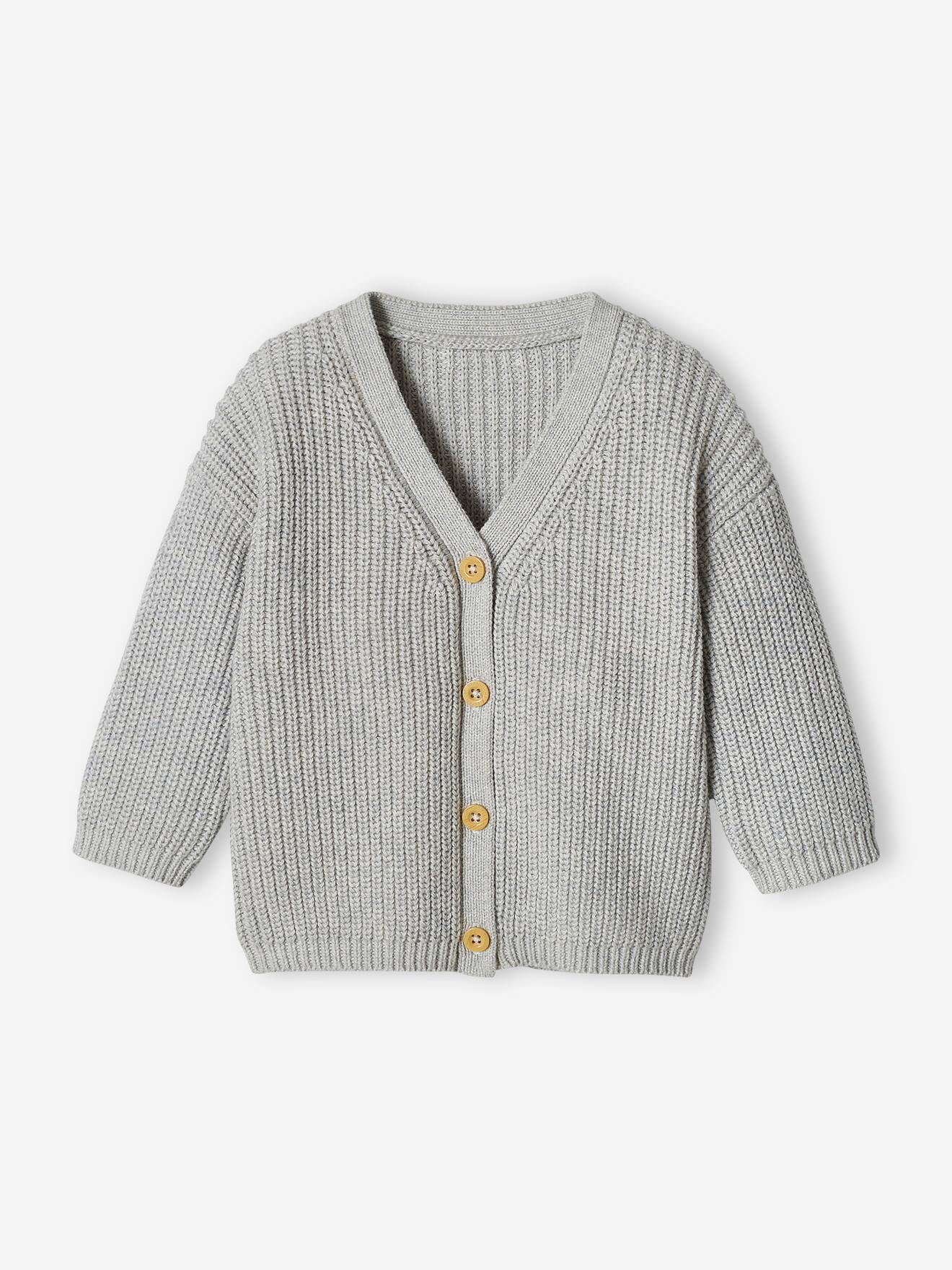Gilet col V bébé en maille perlée gris chiné