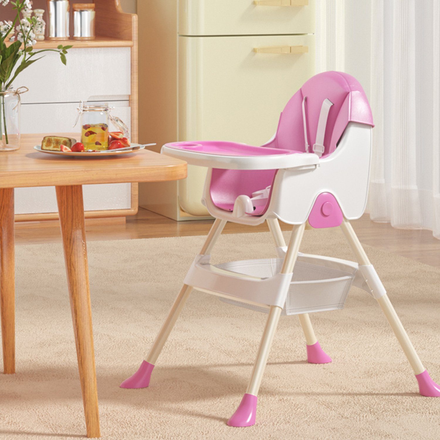 FOXSPORT Kinderklappstuhl Hochstuhl Kinder Hochstuhl 2 in 1 Babystuhl Kombihochstuhl (mit Ablagekorb, mit 5-Punkt-Sicherheitsgurt, wasserdichtes abnehmbares Tablett), klappbar, 6 Monate bis 4 Jahre, 50kg belastbar, violett/ grün (Türkis)