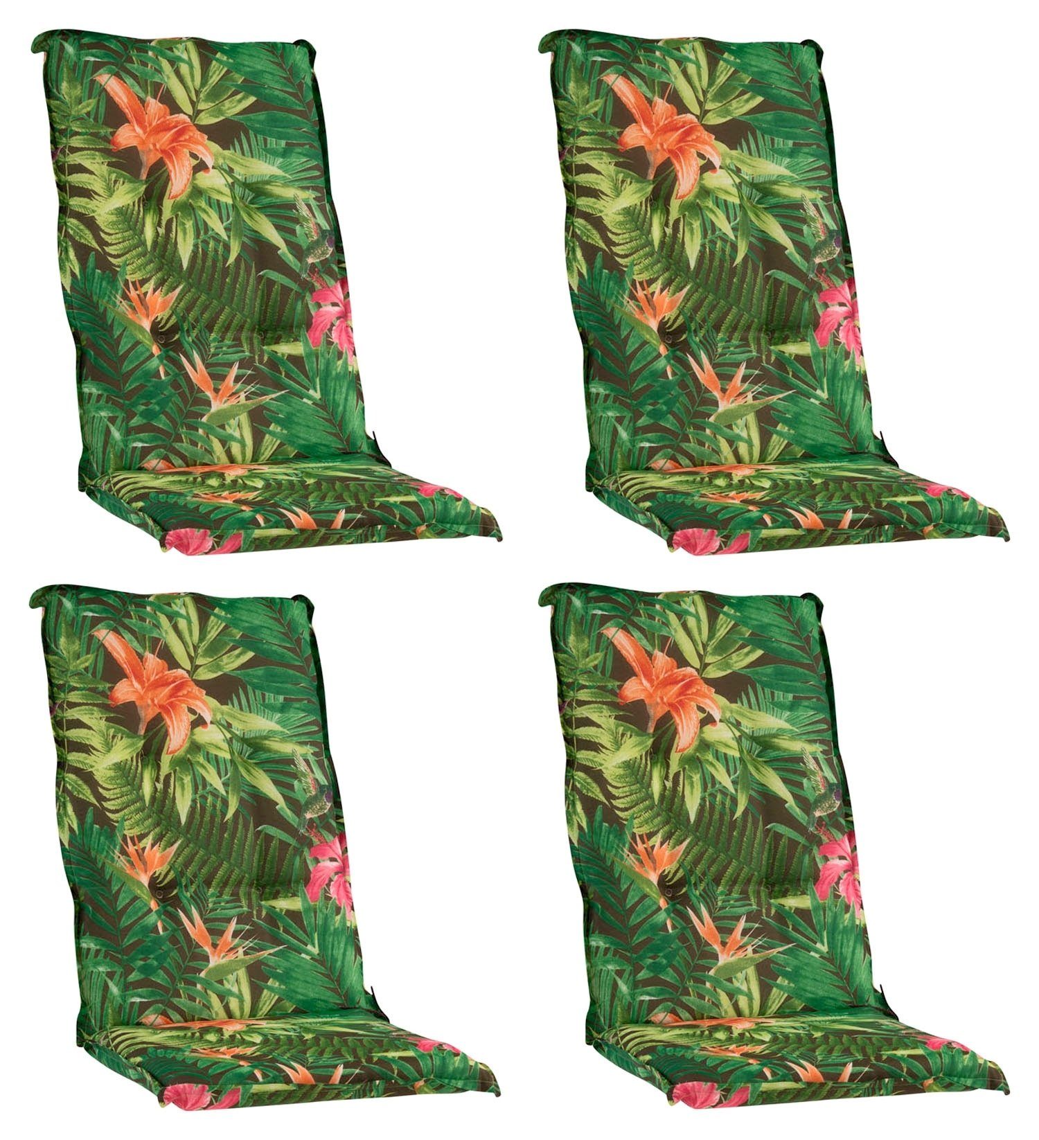 GO-DE Hochlehnerauflage TROPICAL, B 50 x L 120 cm, Grün, 4er Set, (Set, 4 St), Gartenstuhlauflagen für Hochlehnstühle