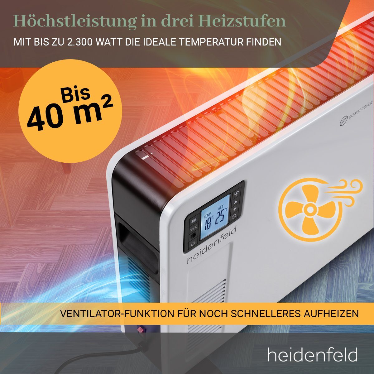 Heidenfeld Konvektor Elektro Heizung Konvektorheizung EK100 Heizgerät inkl. 3 Jahre Garatie, 2300 W, 3-Heizstufen - Fernbedienung - Timer - Heizlüfter - Heizkörper
